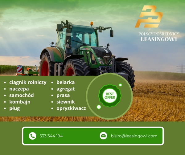 Zielony ciągnik Fendt z podpiętą maszyną rolniczą na polu, logo firmy Polscy Pośrednicy Leasingowi w prawym górnym rogu, grafika z listą maszyn rolniczych i informacjami kontaktowymi na zielonym tle.
