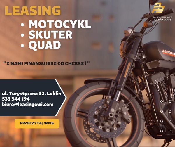 Reklama firmy oferującej finansowanie motocykli, skuterów i quadów; czarny motocykl Harley-Davidson na pierwszym planie, w tle tekst informujący o ofercie.