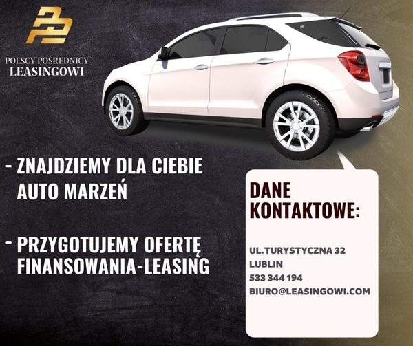 Grafika reklamowa z białym SUV-em na szarym tle, logo firmy 'Polscy Pośrednicy Leasingowi', informacja o znalezieniu auta marzeń i przygotowaniu oferty finansowania-leasing, dane kontaktowe: adres,...