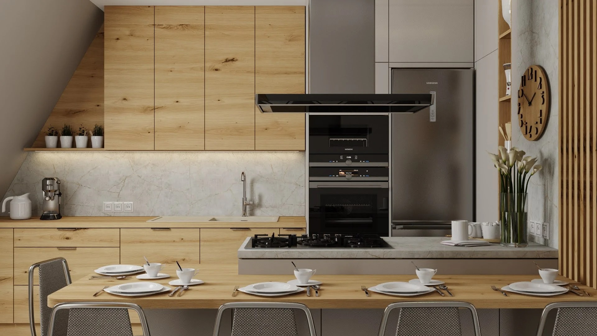 Nowoczesna kuchnia z drewnianymi frontami szafek, marmurowym blatem i wyspą, nakryty stół z zastawą, oświetlenie LED pod szafkami wiszącymi, ekspres do kawy i dekoracyjny zegar na ścianie.