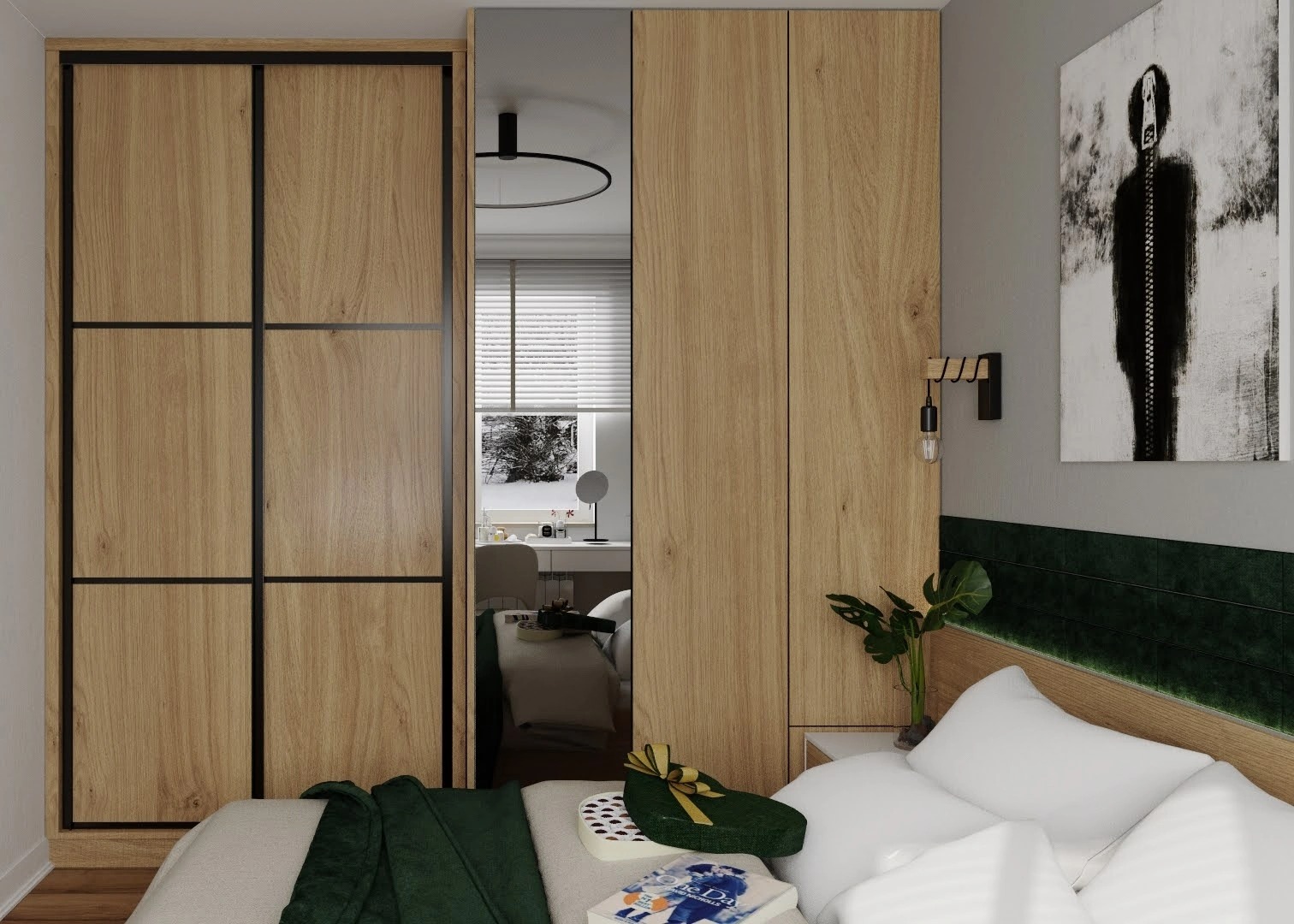 Nowoczesna szafa z przesuwnymi drzwiami w kolorze jasnego drewna z czarnymi ramami, wkomponowana w aranżację sypialni z lustrzanym panelem odbijającym toaletkę i oświetlenie.