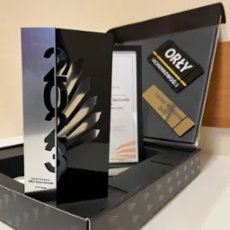 Nagroda Orły Rachunkowości 2023 w pudełku, z dyplomem i plakietkami, symbol uznania dla biura rachunkowego.