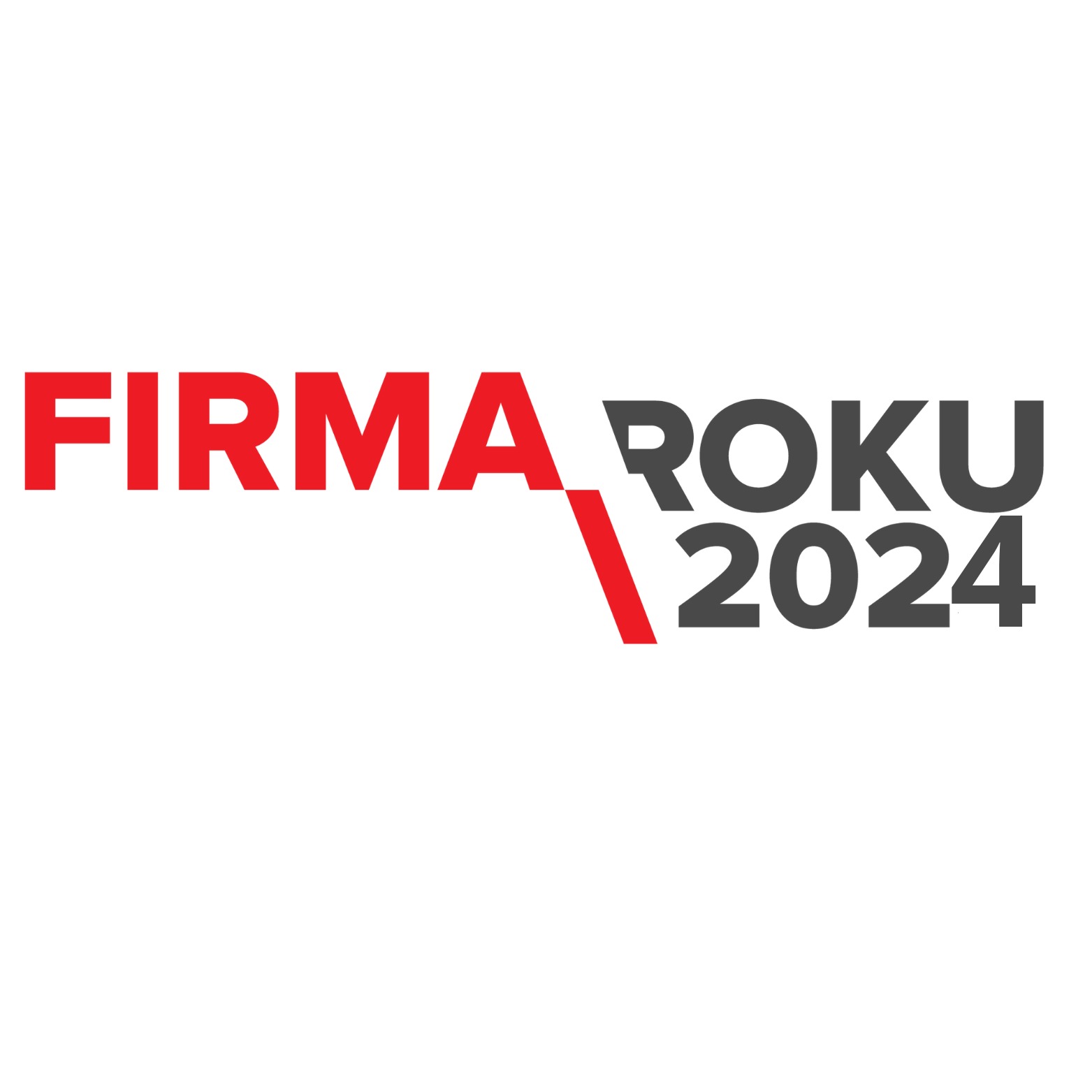 Grafika z napisem 'FIRMA ROKU 2024' w kolorach czerwonym i szarym na białym tle.