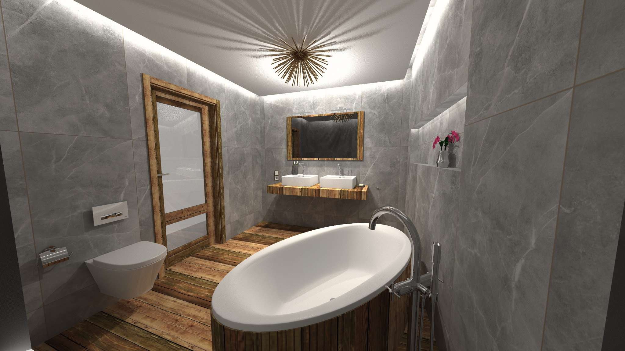 Wizualizacja łazienki z wanną wolnostojącą obudowaną drewnem, dwiema umywalkami nablatowymi na drewnianym blacie, drewnianą podłogą i szarymi marmurowymi płytkami ściennymi.
