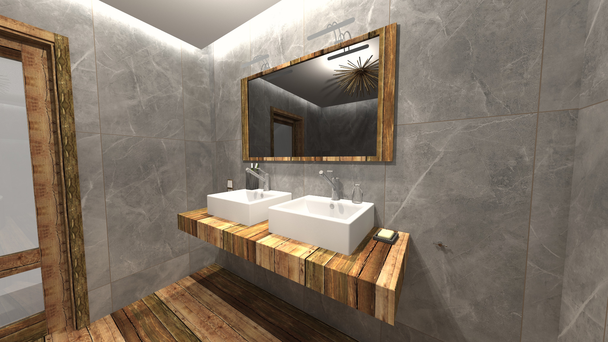 Nowoczesna łazienka z dwoma białymi umywalkami na drewnianym blacie, szare marmurowe płytki na ścianach, duże lustro w drewnianej ramie odbijające sufit z dekoracyjną lampą.