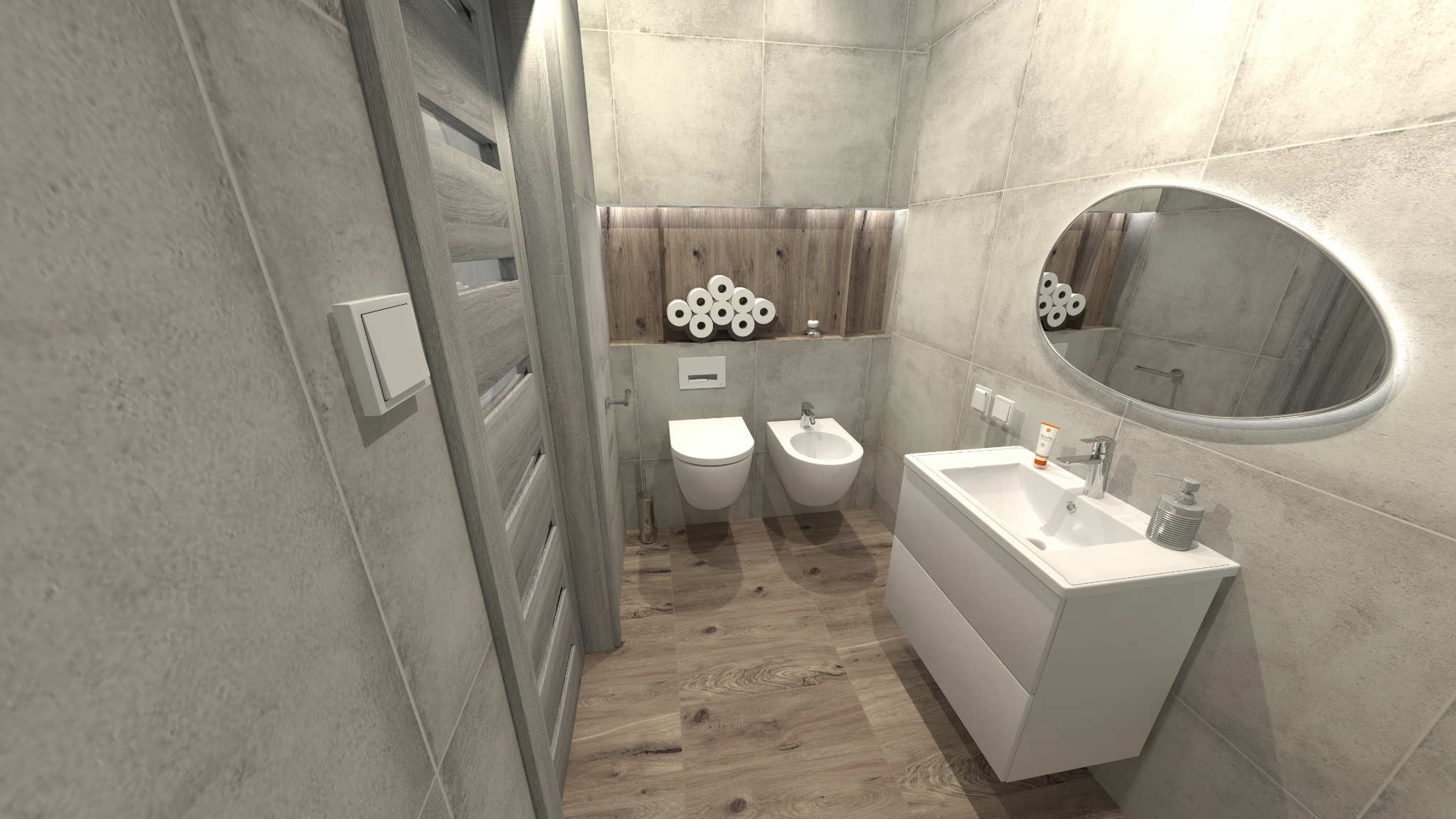 Nowoczesna łazienka w szarościach z drewnianymi akcentami: podłoga z paneli, ściana z drewnianą wnęką i podświetleniem, wisząca toaleta i bidet, umywalka z szafką oraz owalne lustro...