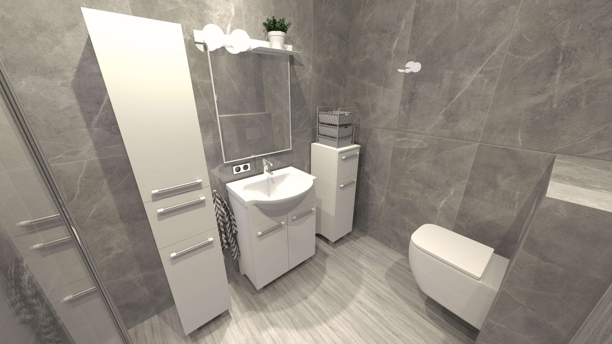Wizualizacja łazienki z szarymi płytkami imitującymi marmur, białą armaturą i meblami, w tym szafką pod umywalką, wysoką szafką boczną i toaletą; nad umywalką lustro z oświetleniem i półką z rośliną.