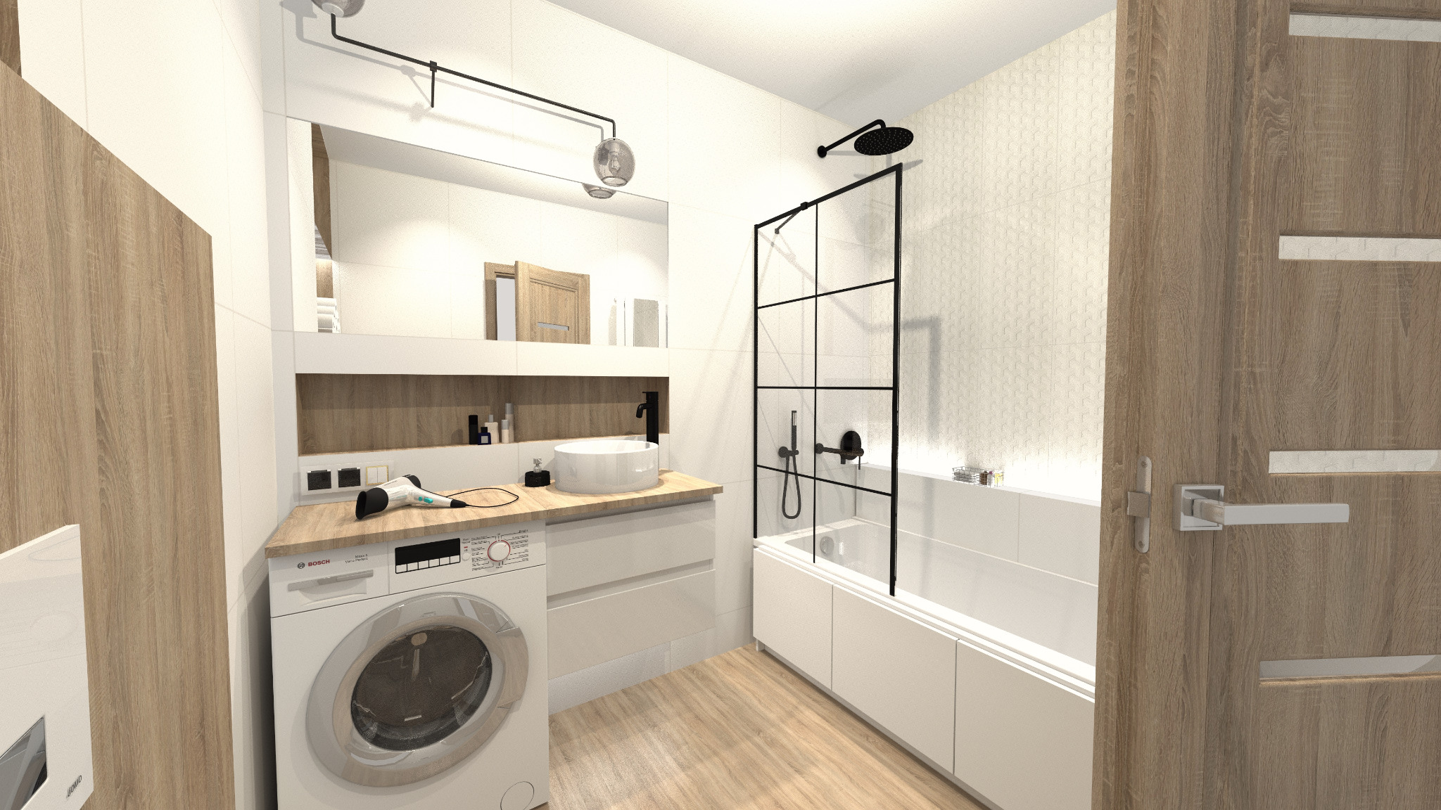 Wizualizacja łazienki w bieli i drewnie z pralką Bosch, umywalką nablatową i kabiną prysznicową typu walk-in z czarnymi profilami.
