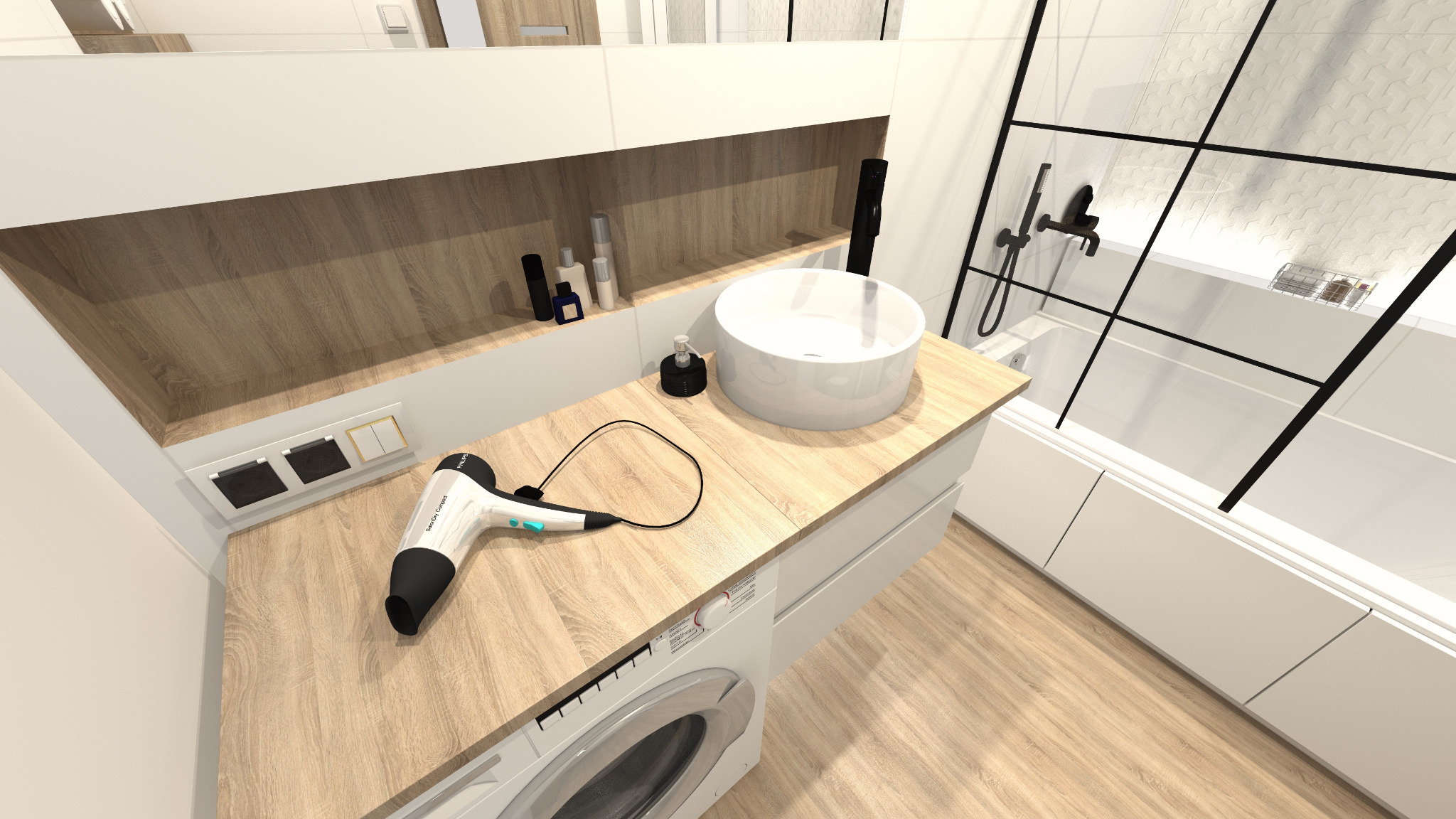 Nowoczesna łazienka z umywalką nablatową, pralką pod blatem z drewnianym wykończeniem i suszarką do włosów leżącą obok gniazdka.