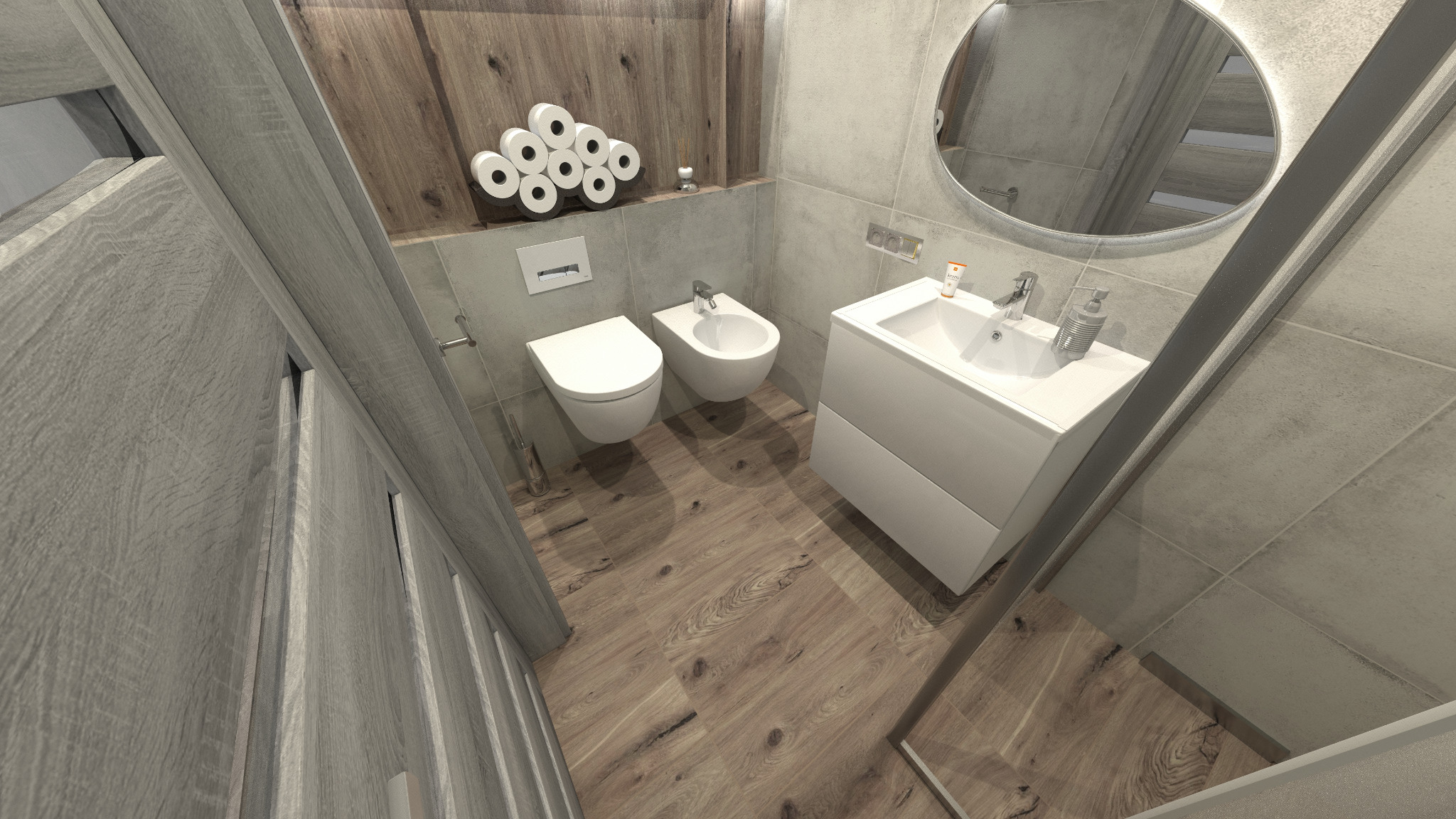 Nowoczesna łazienka z drewnianą podłogą i akcentami, wisząca toaleta i bidet, okrągłe lustro z podświetleniem LED oraz dekoracyjny stojak na papier toaletowy w kształcie kwiatu.