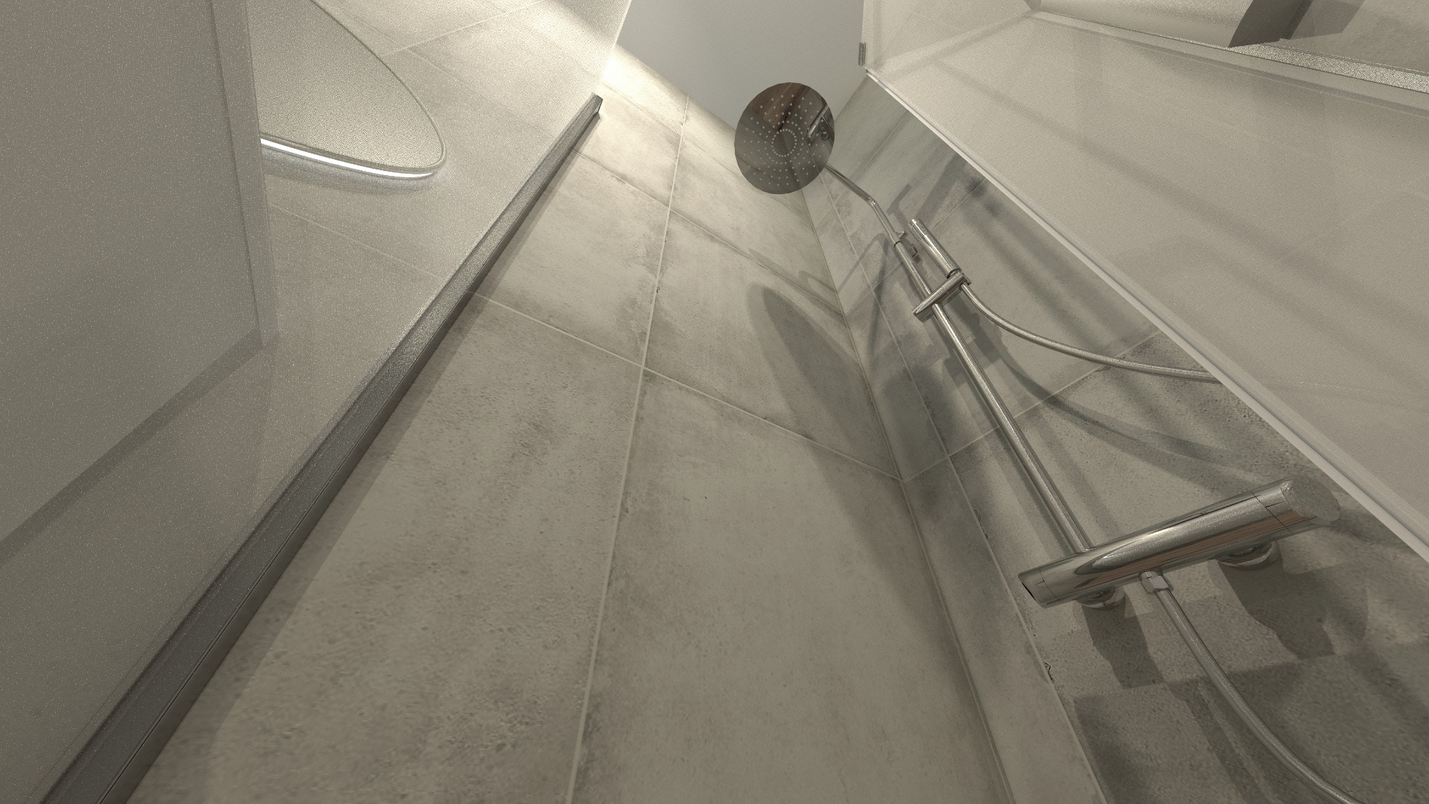 Nowoczesna kabina prysznicowa z szarymi płytkami, deszczownicą i chromowaną armaturą, widok z dołu.