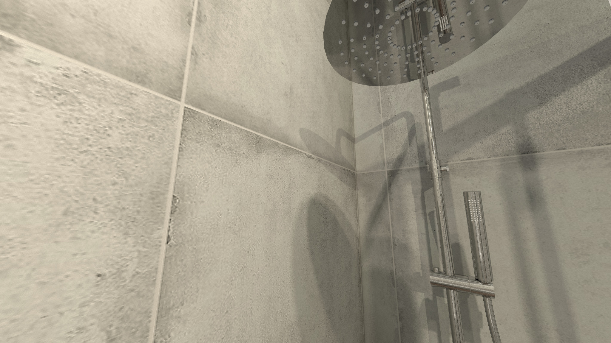 Szczegółowe ujęcie deszczownicy i słuchawki prysznicowej w nowoczesnej łazience wyłożonej szarymi, strukturalnymi płytkami.