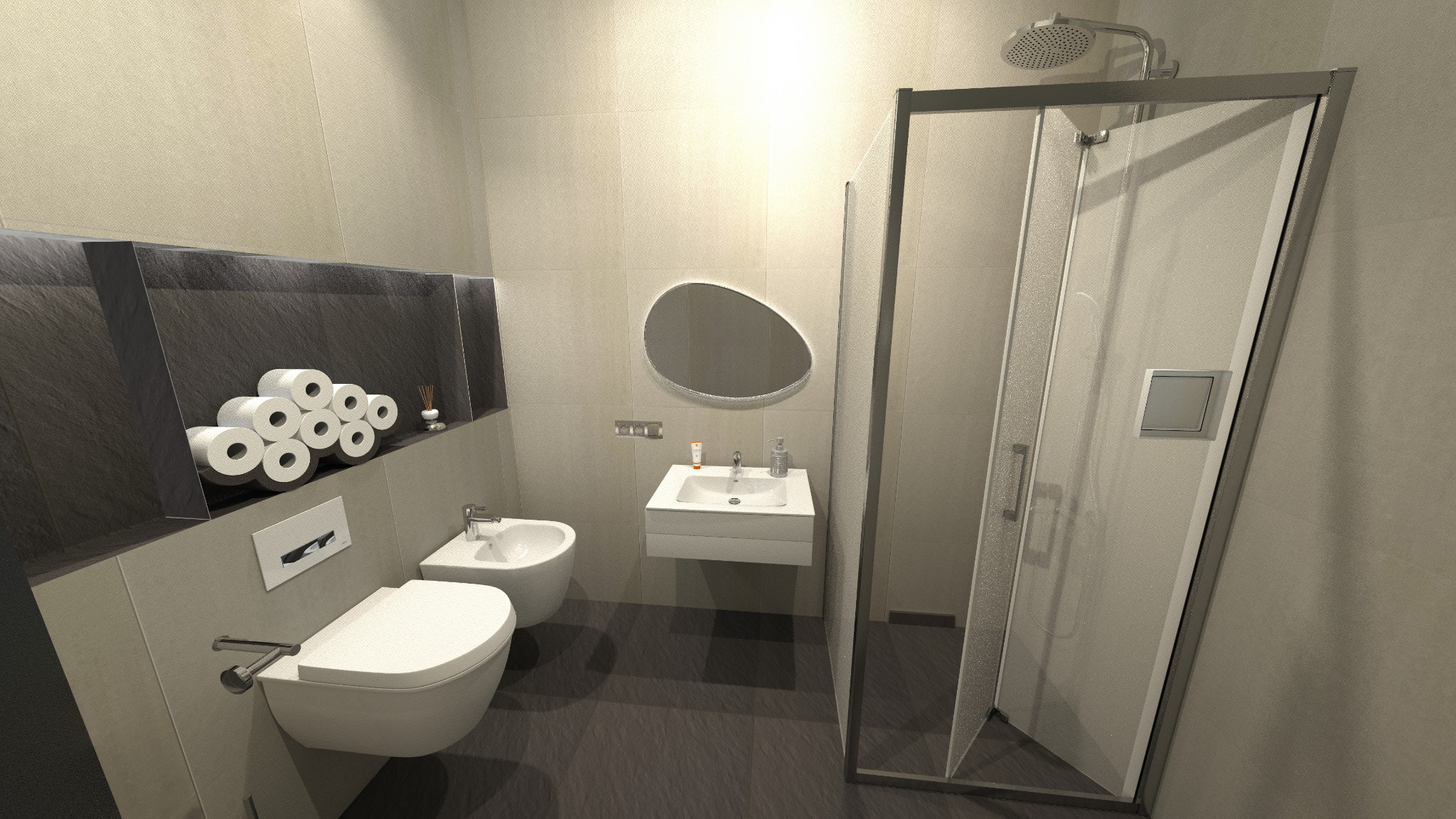 Nowoczesna łazienka z podwieszaną toaletą i bidetem, umywalką na szafce, kabiną prysznicową z deszczownicą oraz owalnym lustrem. Na półce dekoracyjnie ułożone rolki papieru toaletowego.