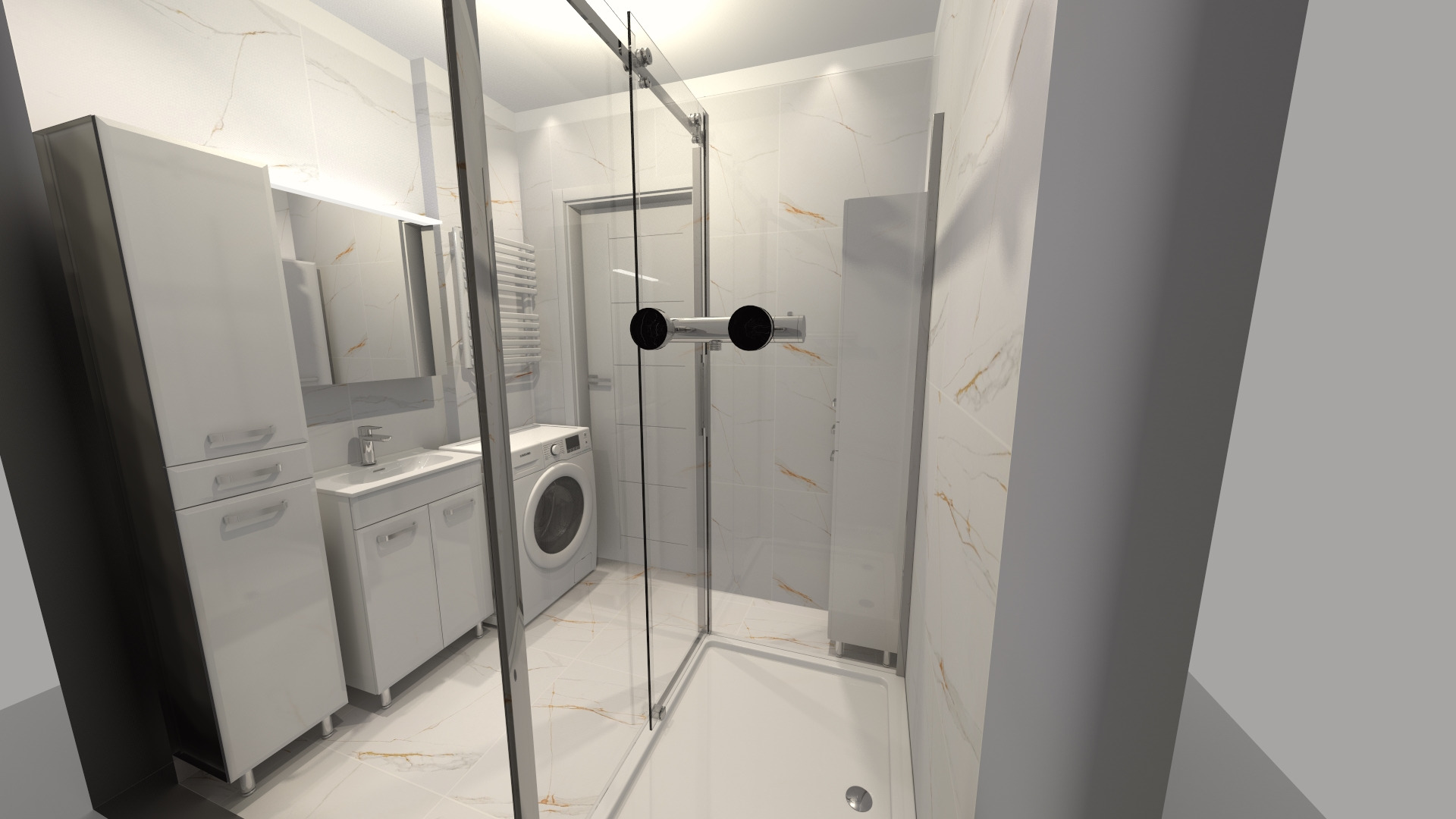 Wizualizacja łazienki z kabiną prysznicową ze szklanymi drzwiami przesuwnymi, białą umywalką z szafką, wysoką szafką, pralką i grzejnikiem drabinkowym na ścianie wyłożonej białymi płytkami...