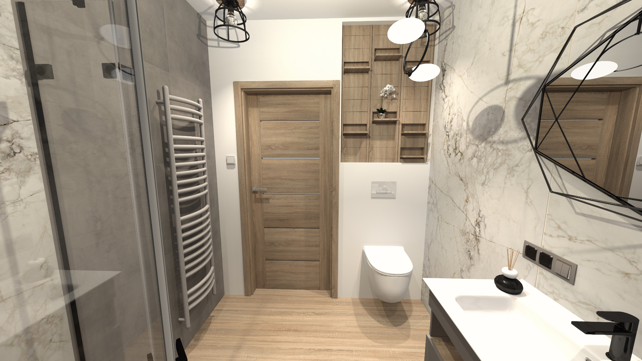 Połączenie szarości i brązów z naturalnym marmurem tworzy harmonijną kompozycję, która jest ponadczasowa i elegancka.