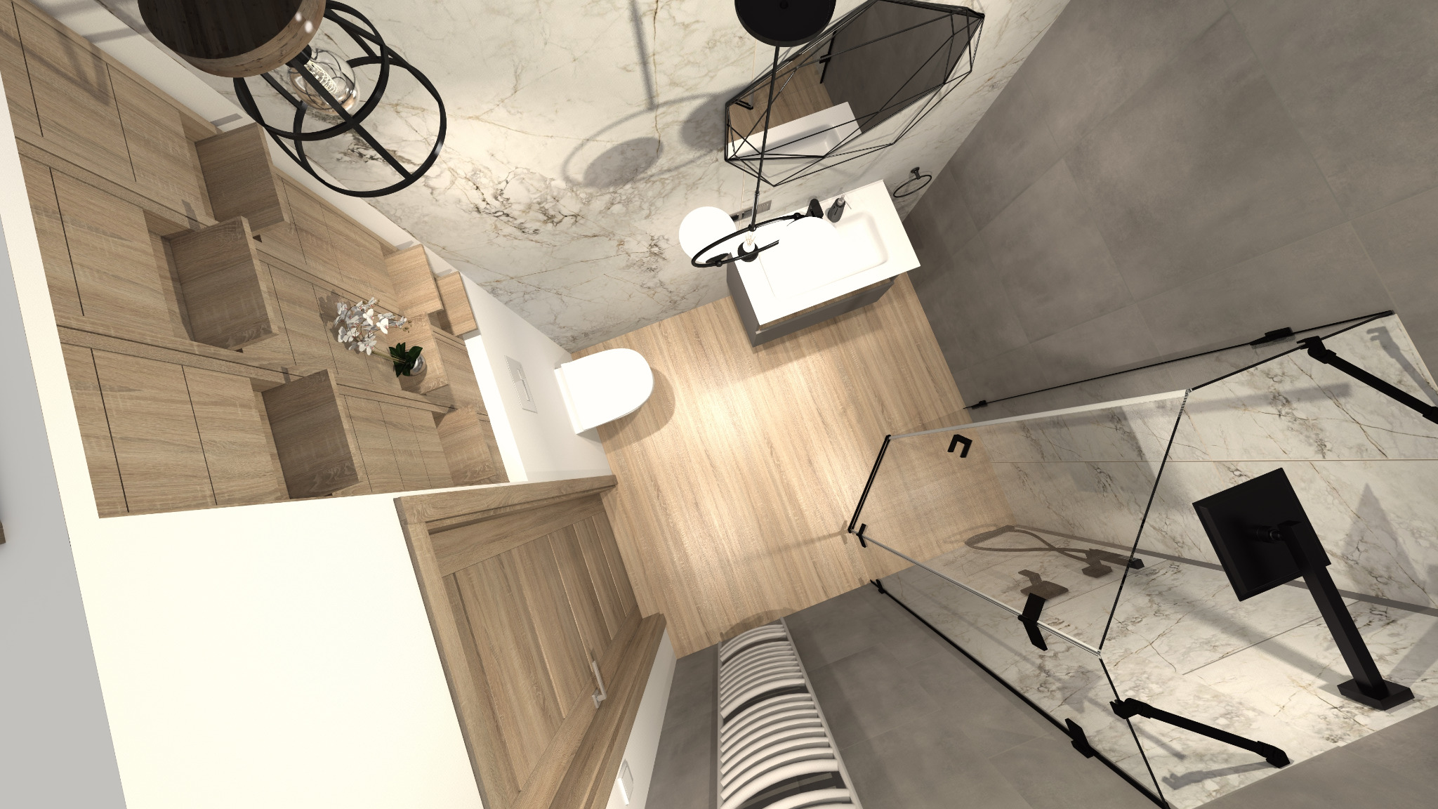Widok z góry na nowoczesną łazienkę z drewnianymi elementami, marmurową ścianą, kabiną prysznicową ze szklanymi ścianami i czarnymi detalami, wiszącą toaletą oraz designerskim oświetleniem.
