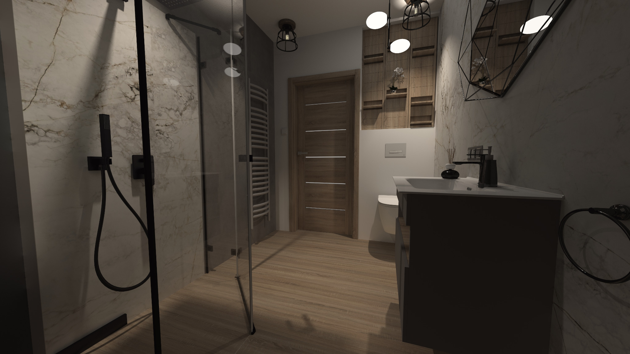 Wizualizacja nowoczesnej łazienki z kabiną prysznicową typu walk-in, umywalką z szafką w kolorze grafitowym, drewnianymi akcentami i marmurowymi płytkami na ścianach.