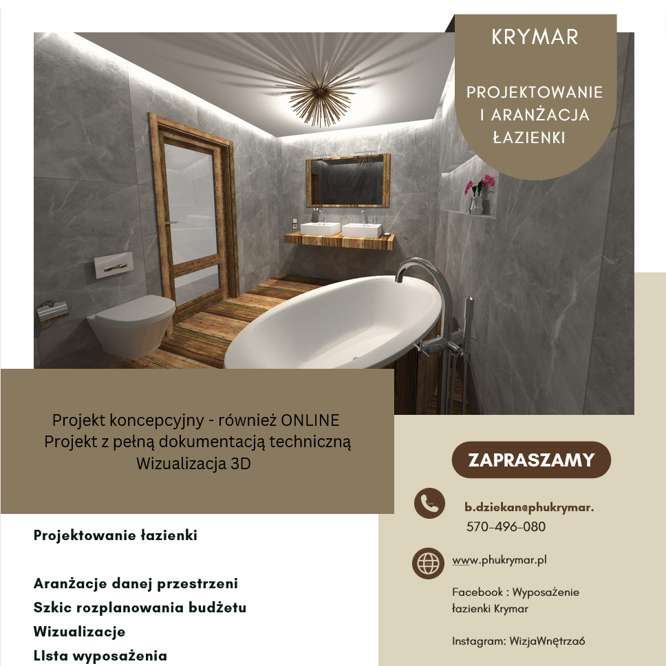 Wizualizacja łazienki z wanną wolnostojącą, drewnianą podłogą i szarymi płytkami imitującymi kamień, oświetlona dekoracyjną lampą sufitową.