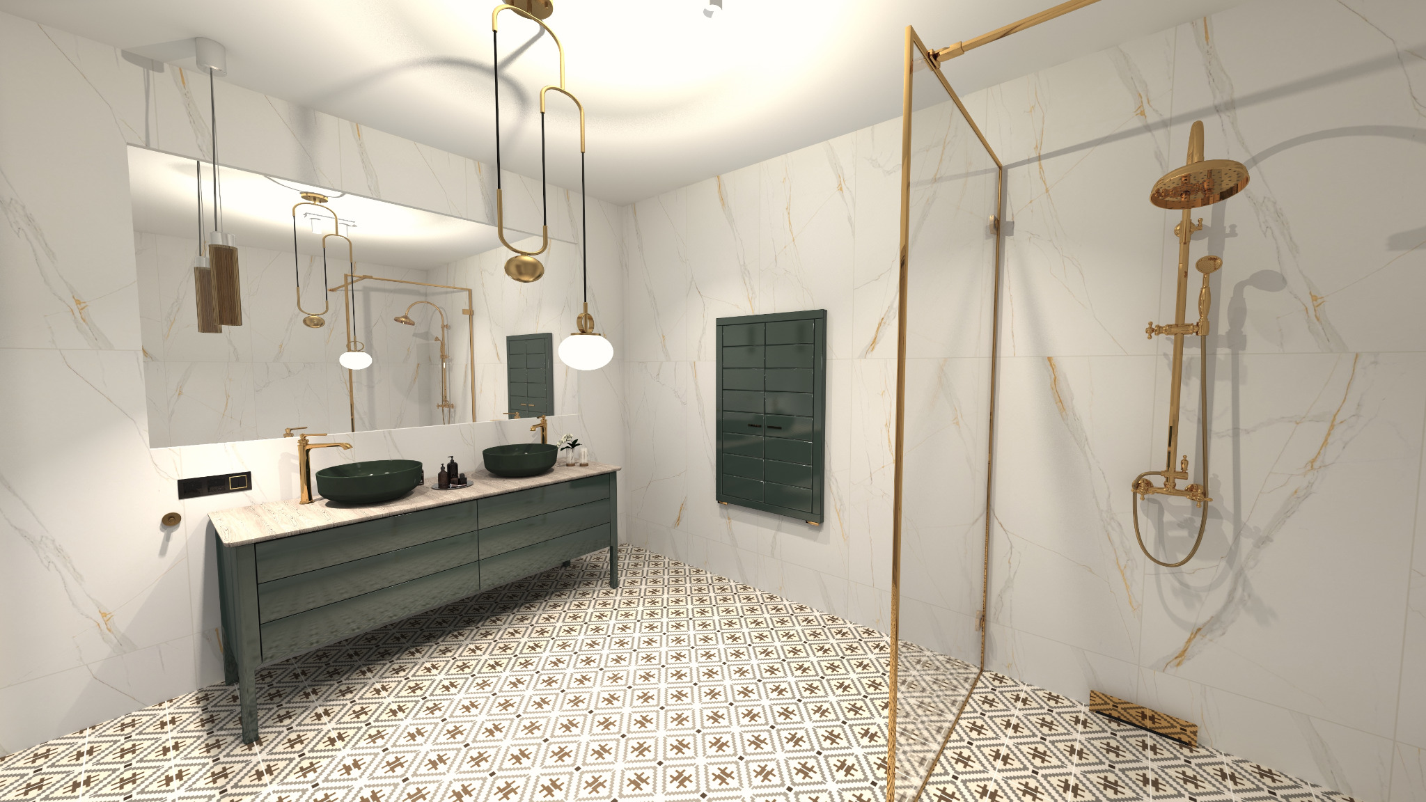 Nowoczesna łazienka z marmurowymi ścianami, wzorzystą podłogą, zieloną szafką pod umywalką z dwoma ciemnozielonymi misami, złotą armaturą i kabiną prysznicową w złotej ramie.