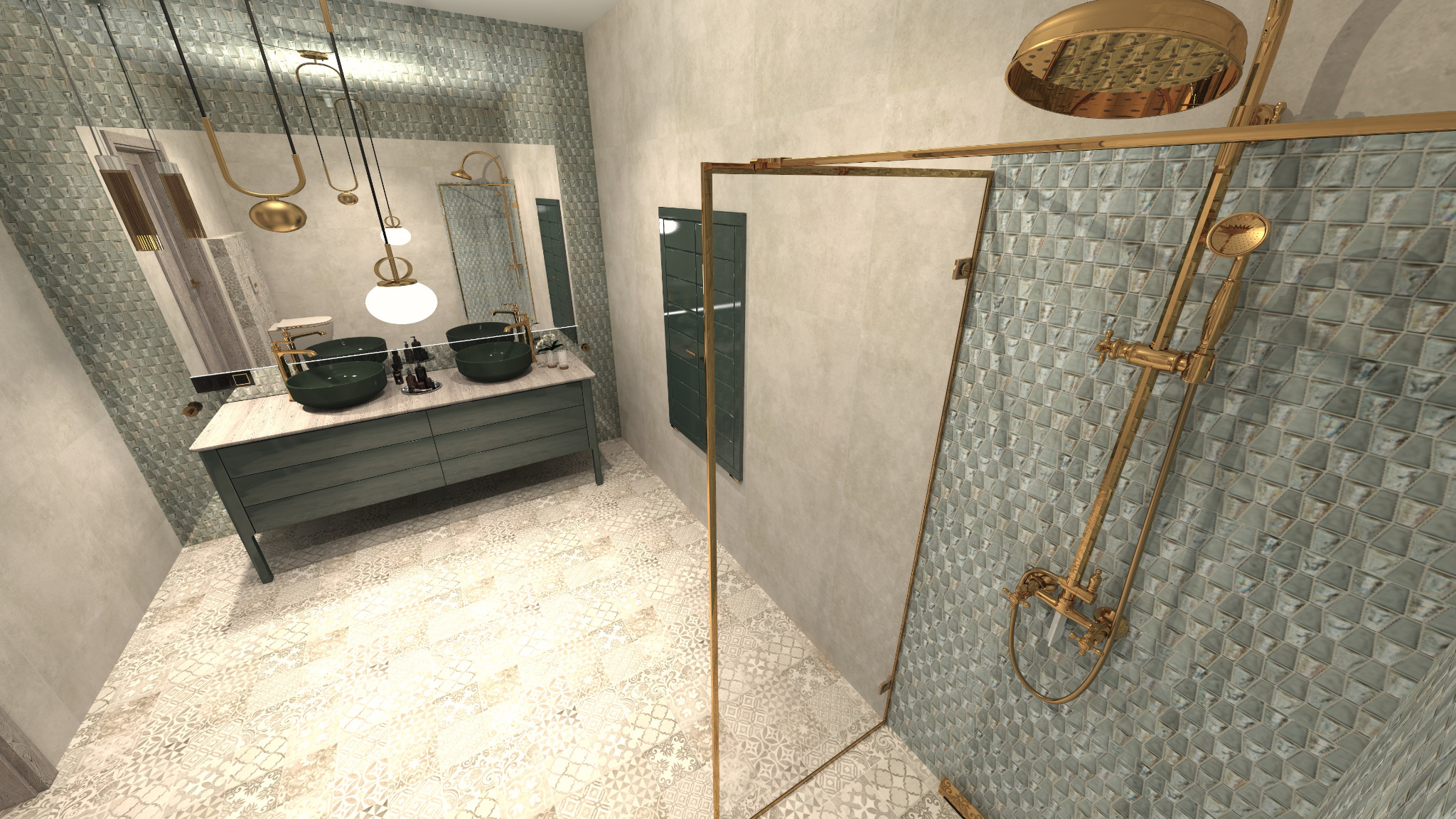 Nowoczesna łazienka z podwójną umywalką w odcieniach zieleni i złota, kabina prysznicowa ze złotą armaturą i mozaiką w odcieniach szarości i błękitu, wzorzysta podłoga.