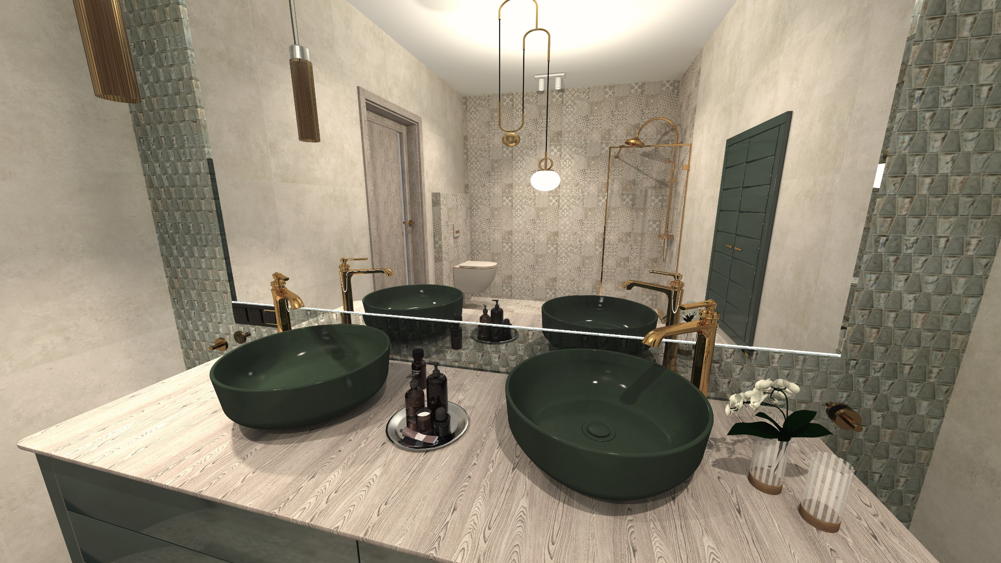 Nowoczesna łazienka z dwiema umywalkami w kolorze butelkowej zieleni, złotymi kranami i dużym lustrem odbijającym toaletę i kabinę prysznicową