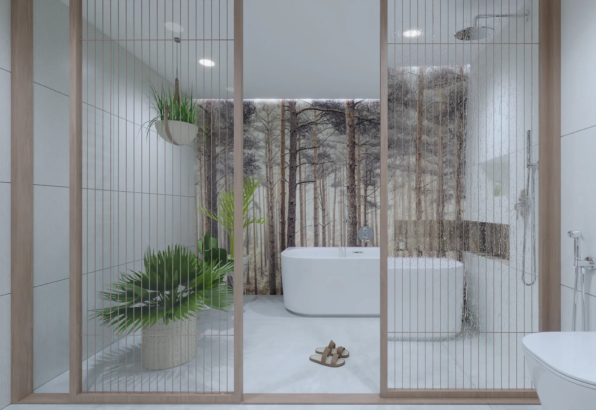 Nowoczesna łazienka z kabiną prysznicową oddzieloną szklanymi drzwiami z efektem deszczu, wolnostojąca wanna na tle fototapety z motywem lasu, rośliny doniczkowe i japonki na podłodze.