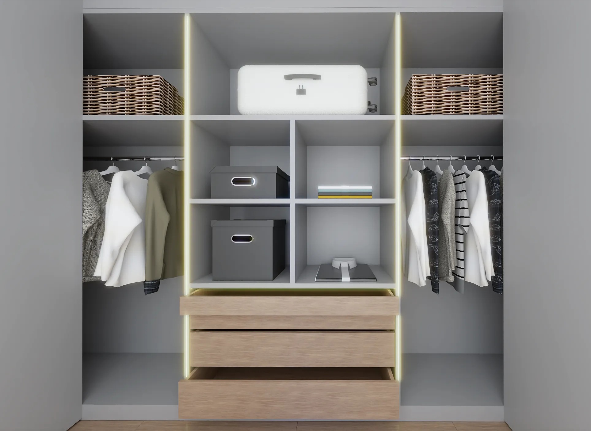 Wnętrze szafy wnękowej z oświetleniem LED, zawierającej ubrania na wieszakach, wiklinowe kosze, pudełka do przechowywania i szuflady z jasnego drewna.