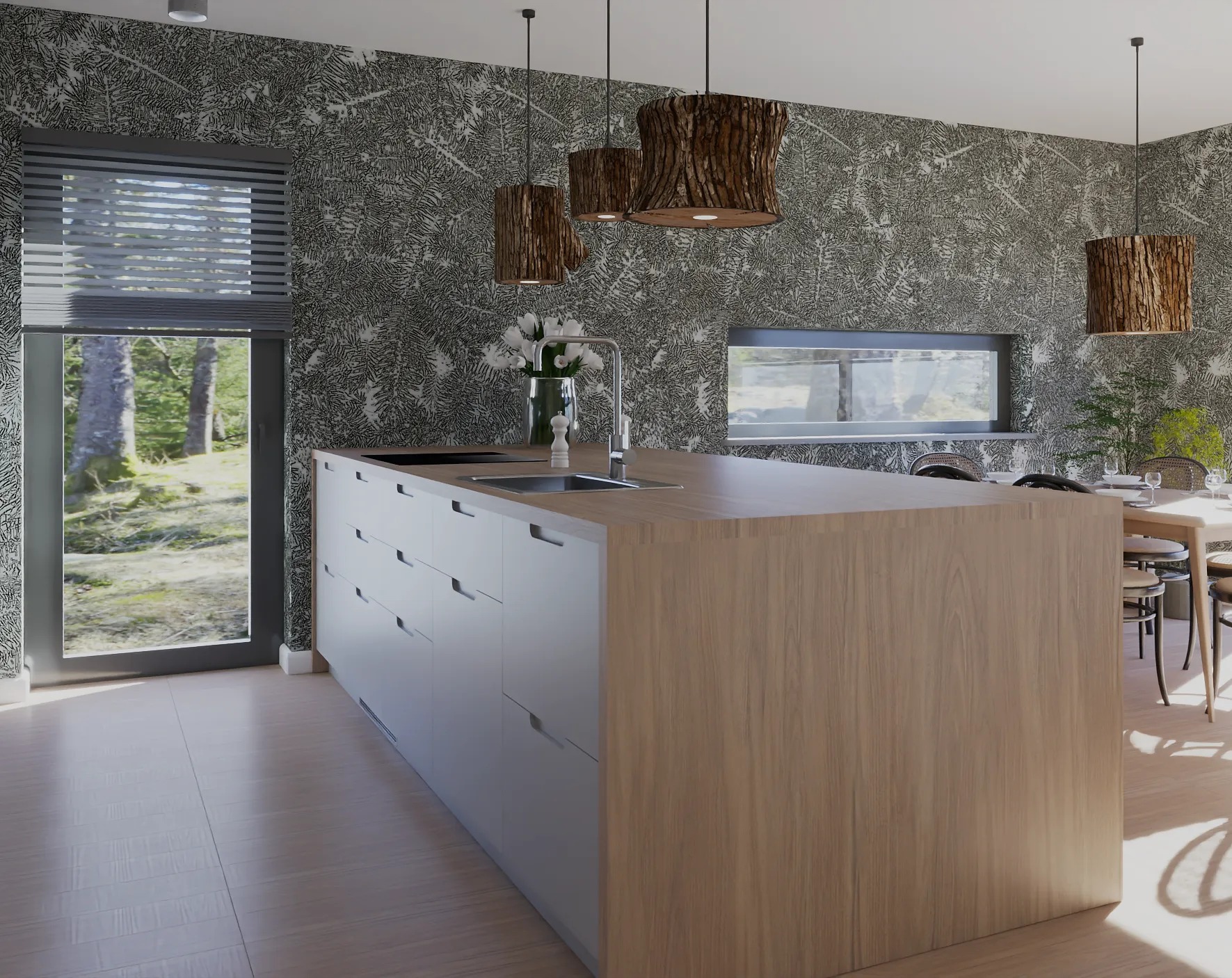 Nowoczesna kuchnia z wyspą i drewnianymi lampami wiszącymi o fakturze kory drzewa, wzorzysta tapeta z motywem leśnym, widok na zewnątrz przez okno i drzwi balkonowe.