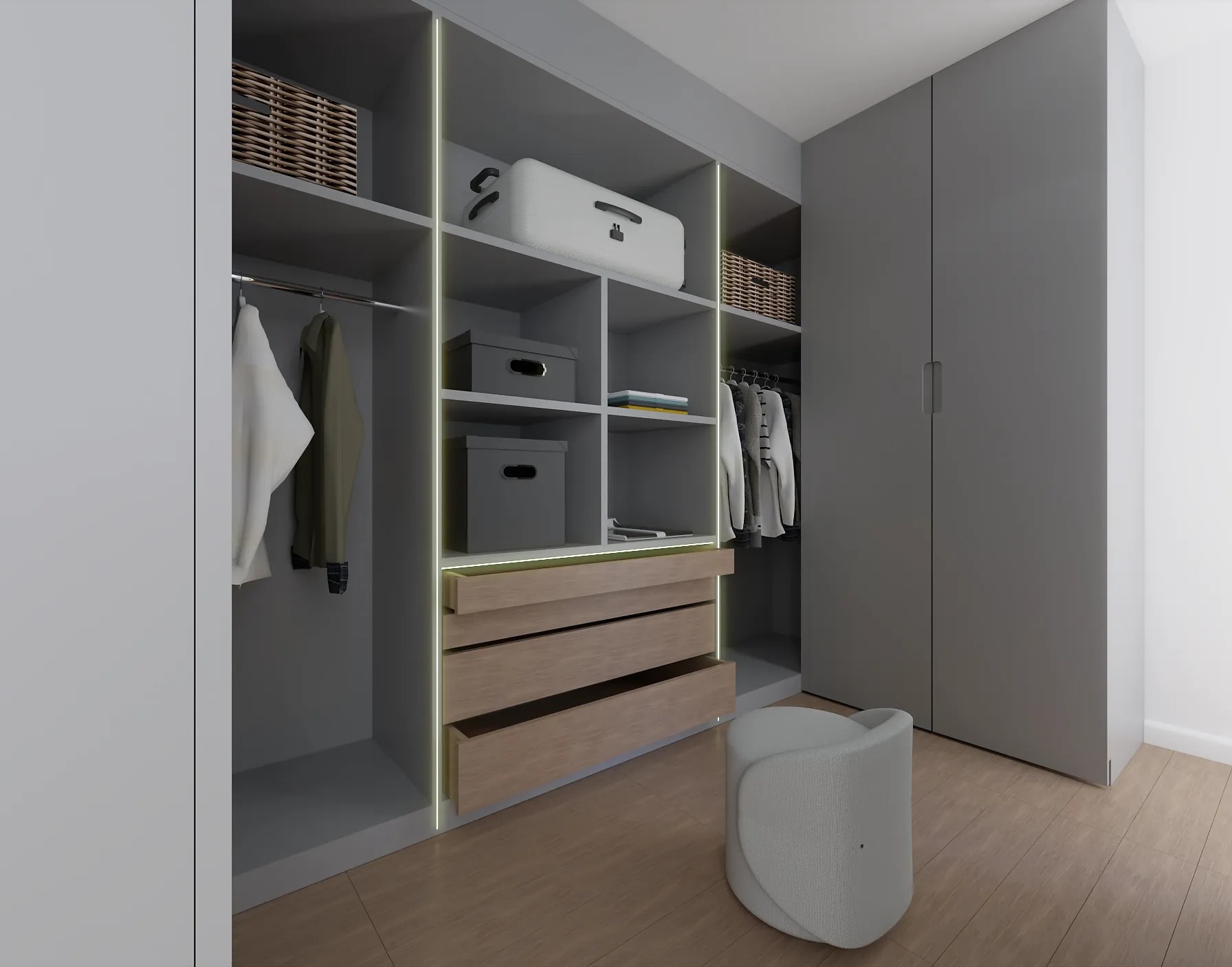 Nowoczesna garderoba w odcieniach szarości z oświetleniem LED, drewnianymi szufladami i białym pufem.
