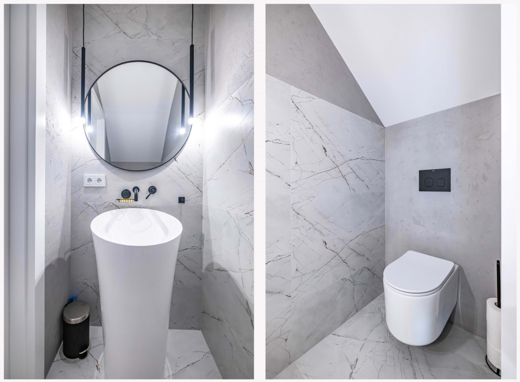 Nowoczesna łazienka z marmurowymi płytkami, wolnostojącą umywalką w kształcie tuby, okrągłym lustrem z podświetleniem i podwieszaną toaletą z czarnym panelem sterującym.