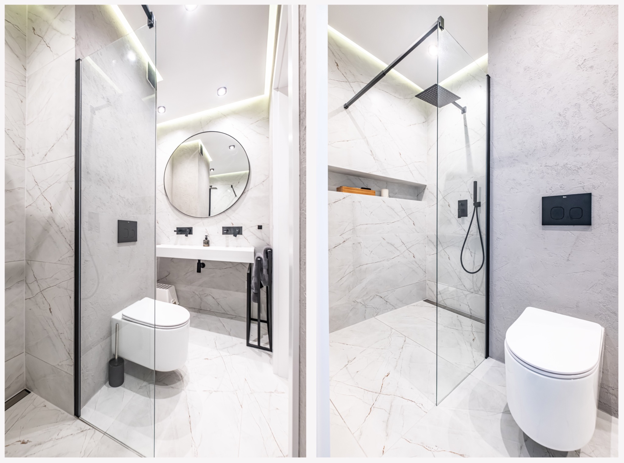 Nowoczesna łazienka z kabiną prysznicową typu walk-in, wiszącą toaletą i umywalką z okrągłym lustrem, wykończona białym marmurem z czarnymi akcentami.