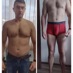 Mężczyzna przed i po zmianie sylwetki, widoczne różnice w budowie ciała i utracie wagi.