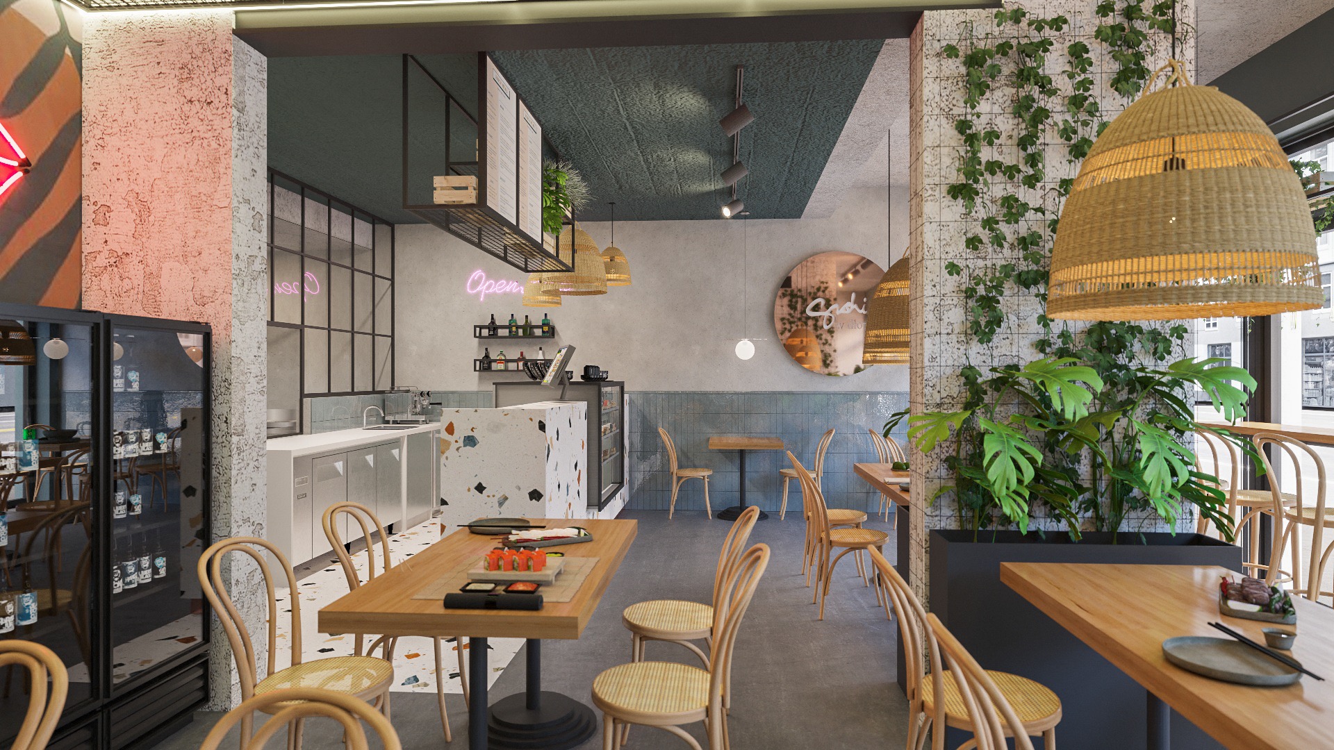 Wnętrze restauracji w stylu skandynawskim z elementami boho, widoczne drewniane stoły z rattanowymi krzesłami, bar z blatem lastryko, neonowy napis 'Open' i dekoracje roślinne na ścianach.