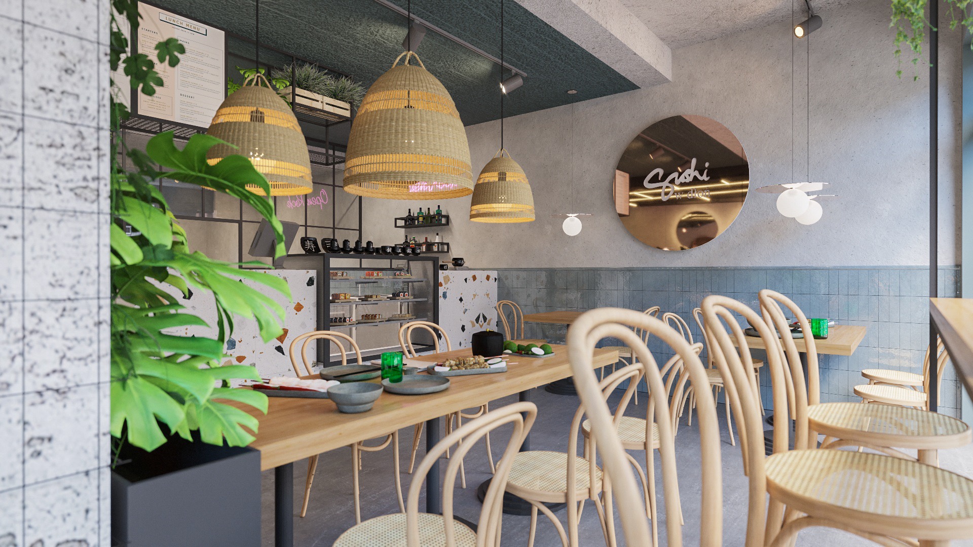 Jasne wnętrze restauracji w stylu skandynawskim z drewnianymi stołami, krzesłami z plecionki, wiszącymi lampami z wikliny i dekoracyjnym lustrem z logo.