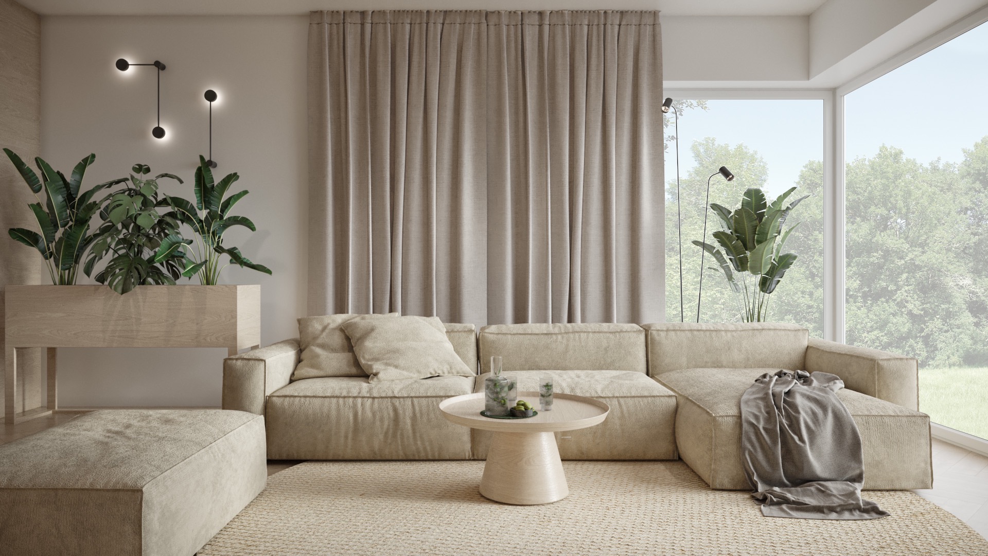 Jasny salon z narożną sofą, okrągłym stolikiem kawowym z dekoracjami, roślinami w drewnianych donicach i dużym oknem z widokiem na zieleń.