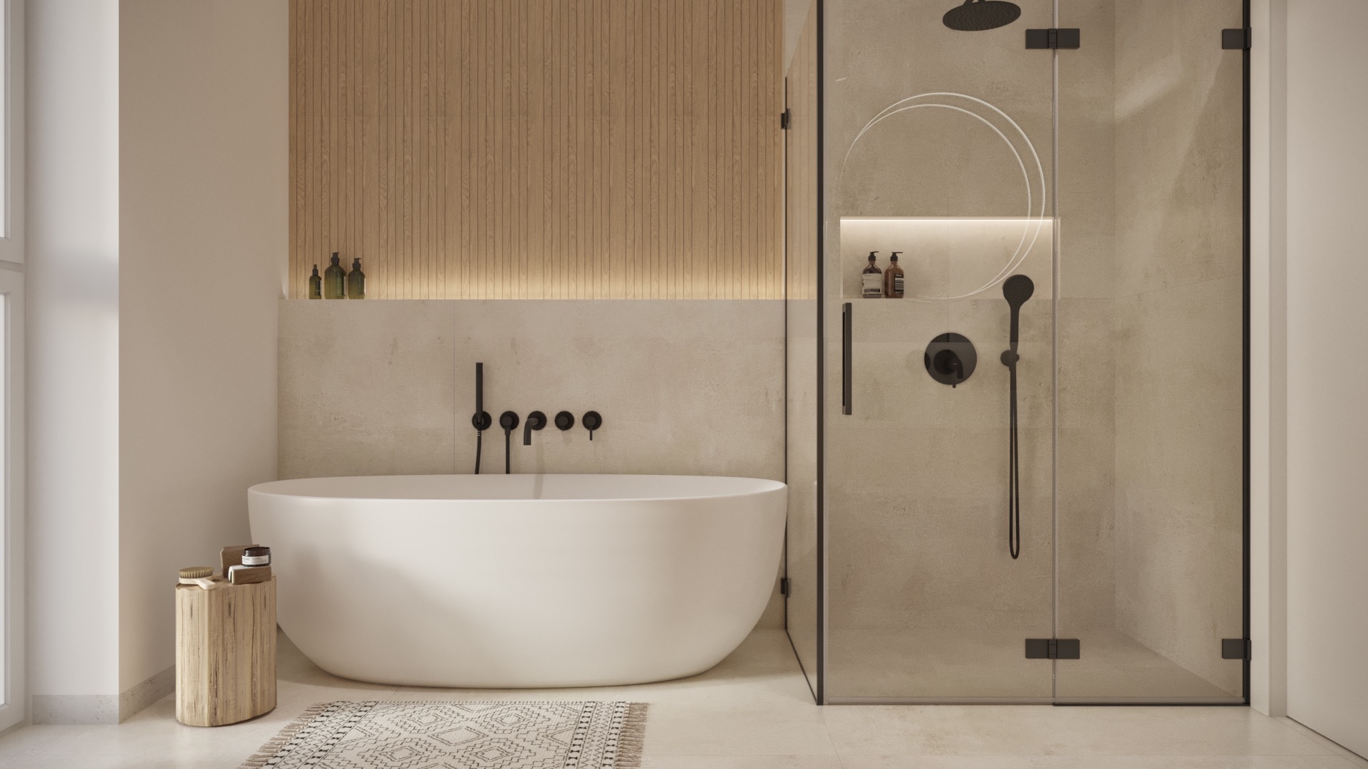 Minimalistyczna łazienka z wolnostojącą wanną, czarną armaturą i kabiną prysznicową ze szklanymi drzwiami, drewnianym panelem ściennym z podświetleniem i geometrycznym dywanikiem.