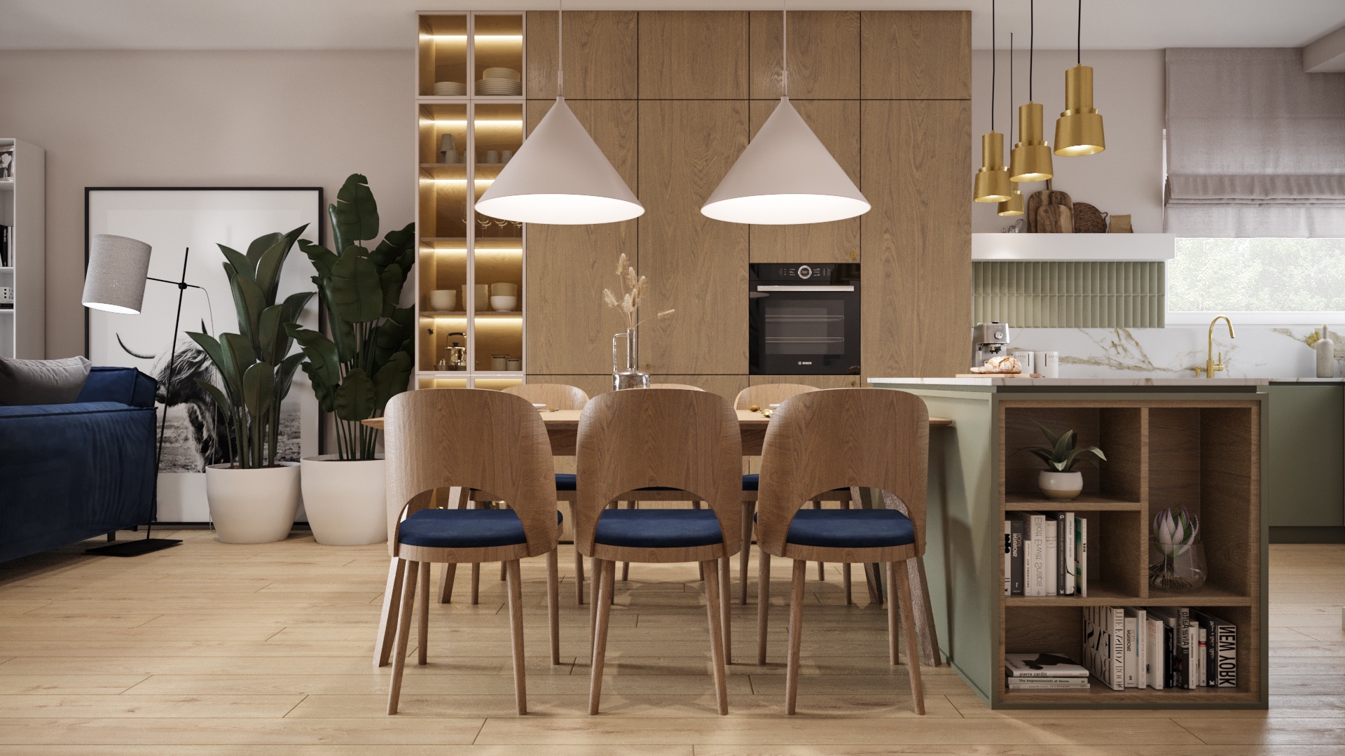 Jasna, przestronna jadalnia z drewnianym stołem i krzesłami z granatowymi siedziskami, oświetlona białymi lampami stożkowymi i złotymi lampami wiszącymi, z kuchnią w tle z drewnianymi szafkami...