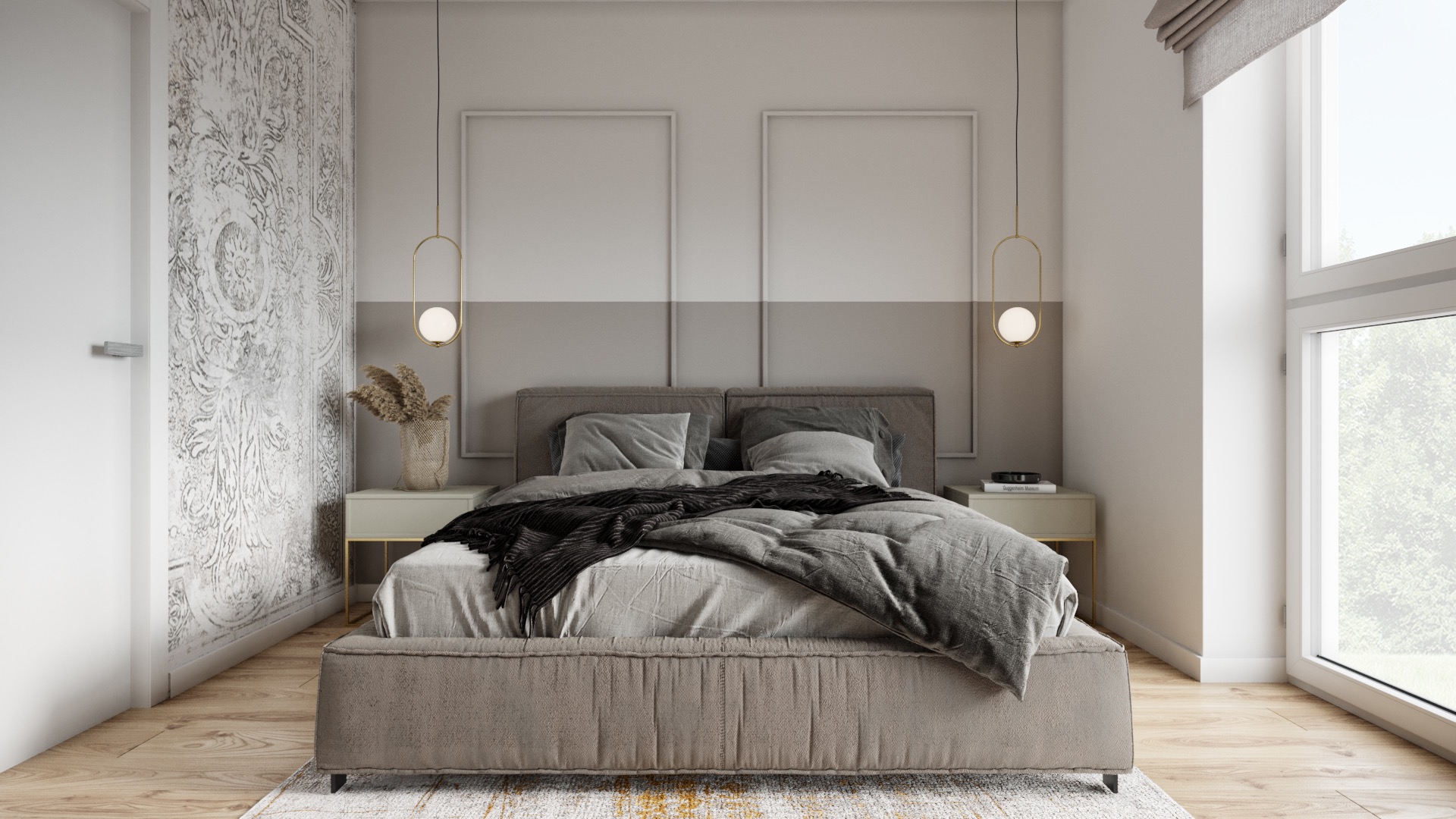 Sypialnia w neutralnych odcieniach szarości i bieli, z łóżkiem typu king-size z szarą pościelą i czarnym pledem, symetrycznie ustawione lampki nocne z okrągłymi lampami, dekoracyjna ściana...