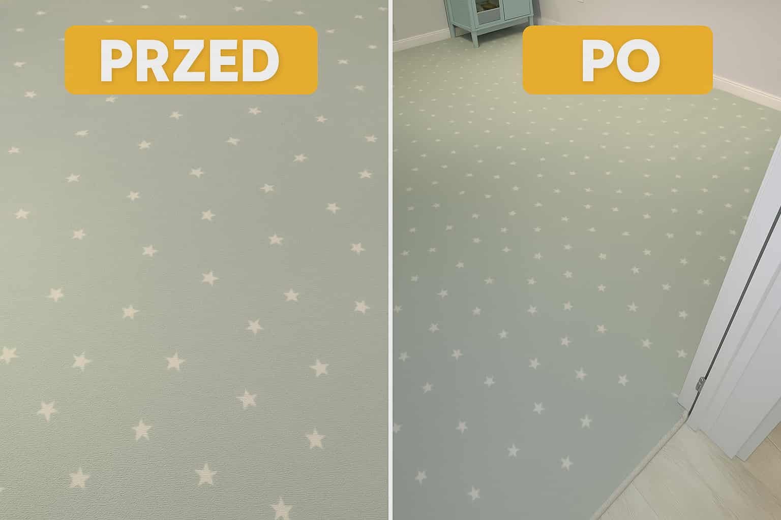 Zdjęcie dywanu w pokoju dziecięcym przed i po czyszczeniu. Po prawej stronie widoczny fragment szafki i podłogi. Dywan w gwiazdki, odświeżony kolor.