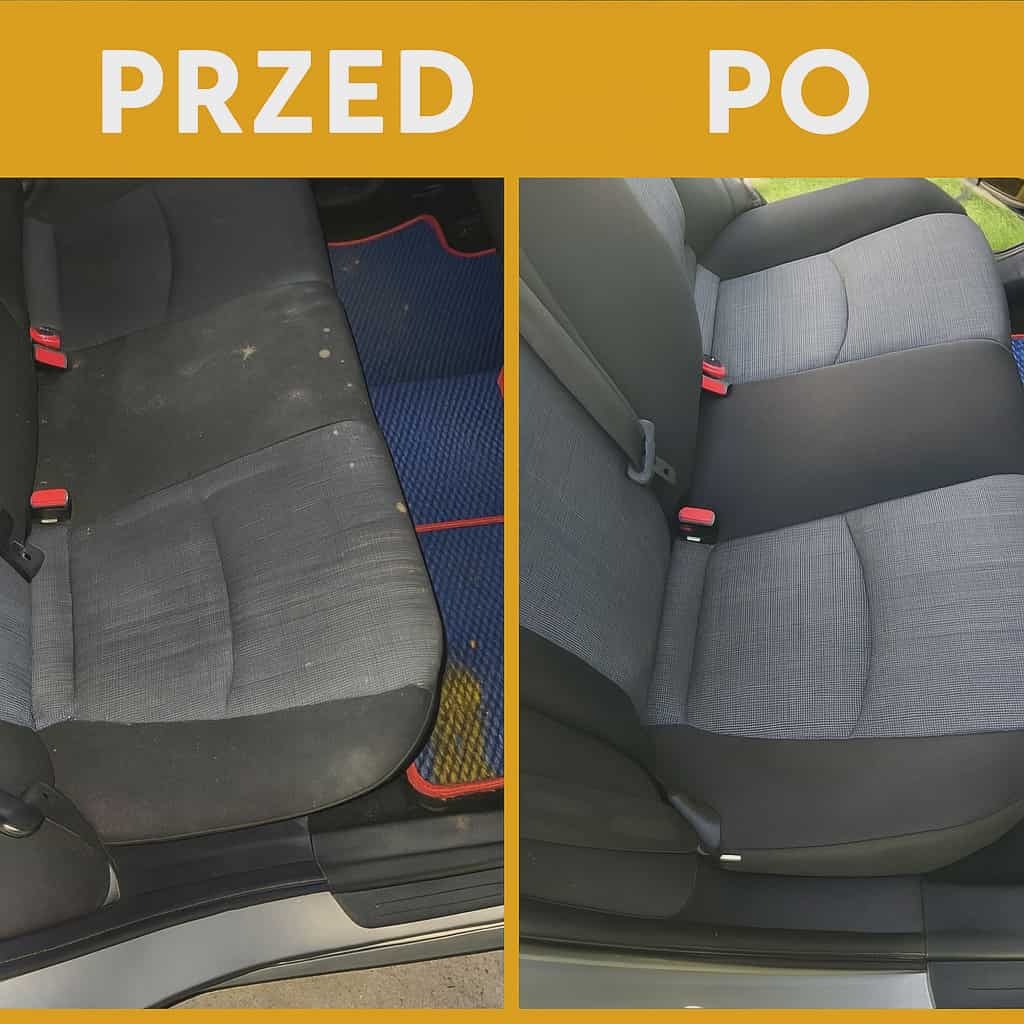 Tapicerka samochodowa: widok 'przed' z plamami i zabrudzeniami, oraz 'po' - czysta, odświeżona, z widoczną różnicą w kolorze i fakturze materiału. Efekt czyszczenia.