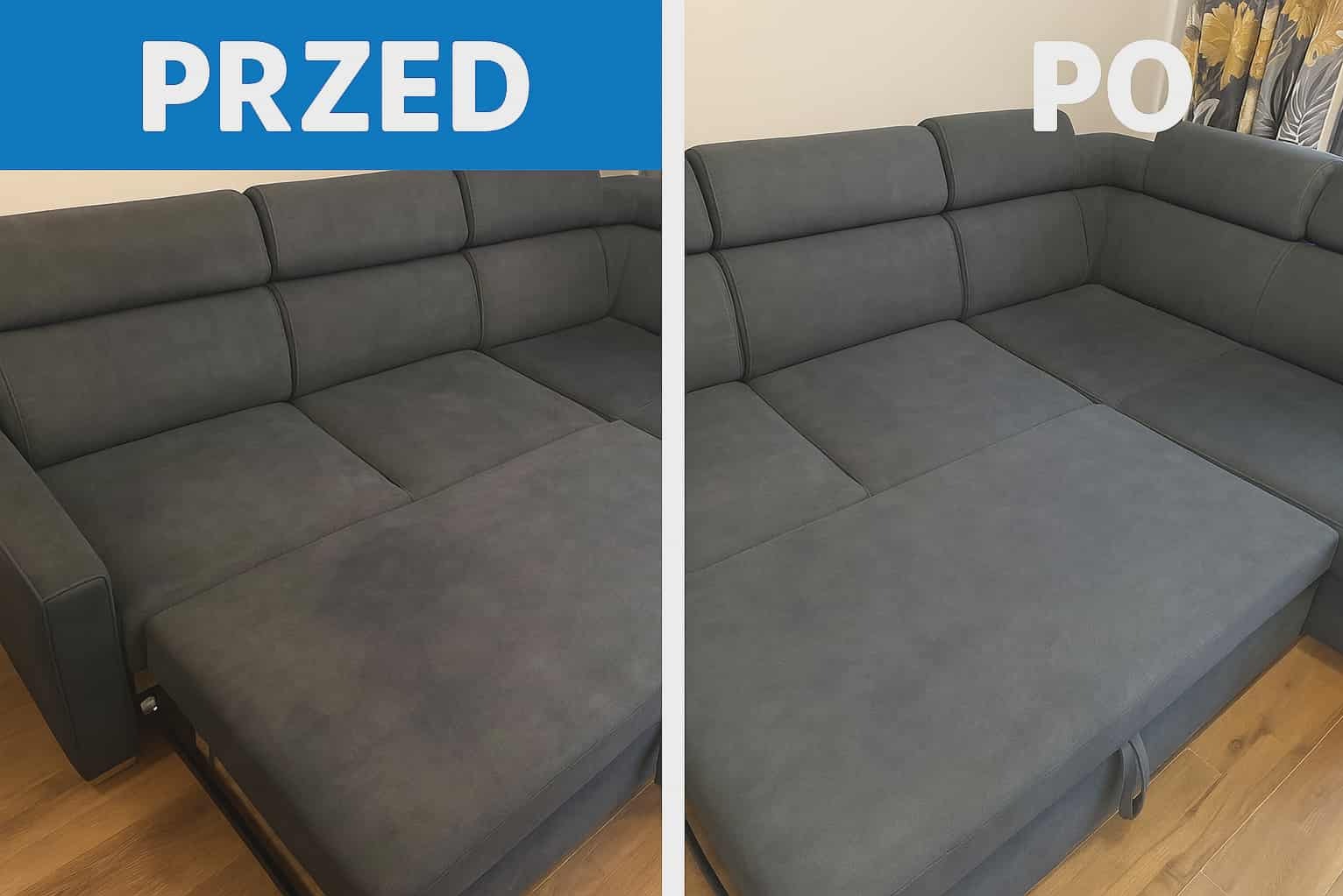 Zdjęcie narożnika z szarej tapicerki w układzie 'przed' (z plamami) i 'po' czyszczeniu (czysty), ukazujące efekt prania tapicerki meblowej.