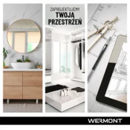 Kolaż przedstawiający projektowanie wnętrz: łazienka z okrągłym lustrem i drewnianą szafką, garderoba z białą zabudową oraz tablet z rysunkiem technicznym i przyborami kreślarskimi.