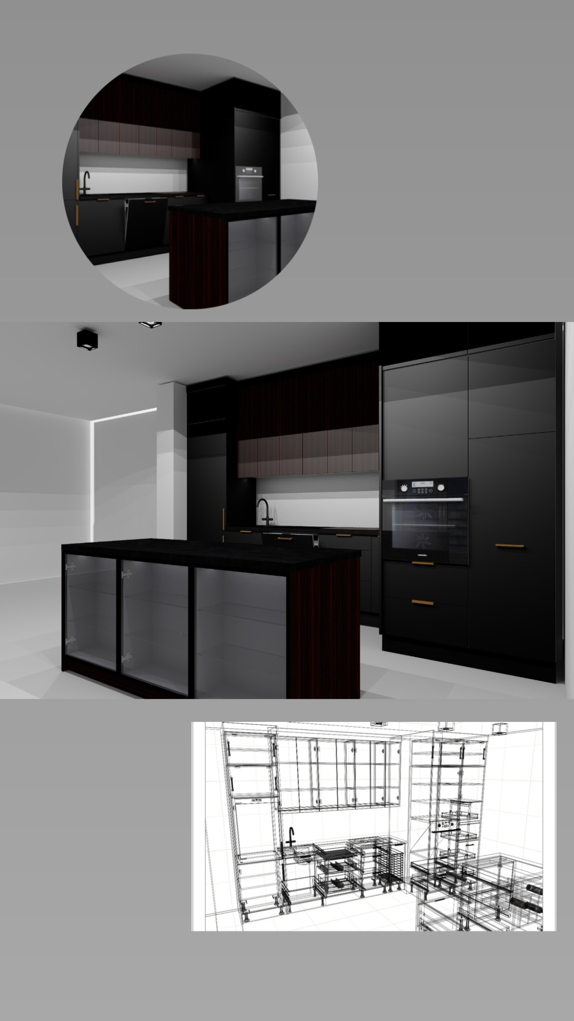 Wizualizacja nowoczesnej kuchni z czarnymi frontami akrylowymi i wyspą z drewnopodobnym wykończeniem, prezentowana w trzech ujęciach: ogólnym, powiększonym fragmencie i siatce 3D.