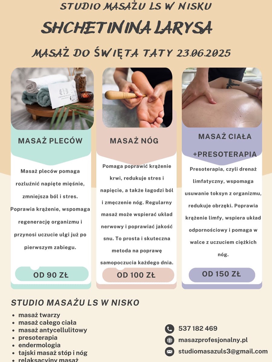 Oferta studia masażu: masaż pleców z ręcznikami, masaż nóg z drewnianym masażerem, masaż ciała z presoterapią. Promocja na Dzień Ojca 23.06.2025.