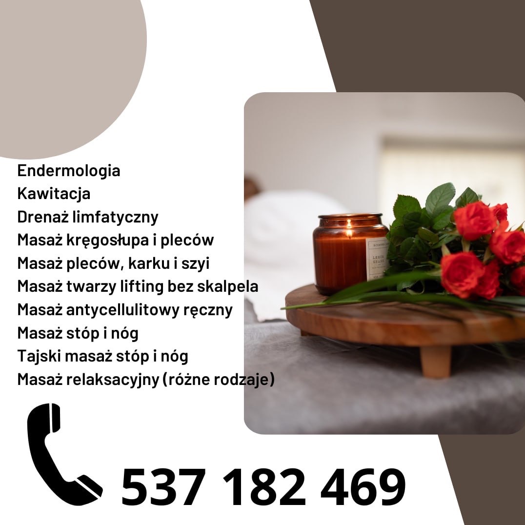 Relaksacyjny nastrój: płonąca świeca, bukiet czerwonych róż na drewnianej desce w tle gabinetu. Ulotka z ofertą zabiegów i numerem telefonu.