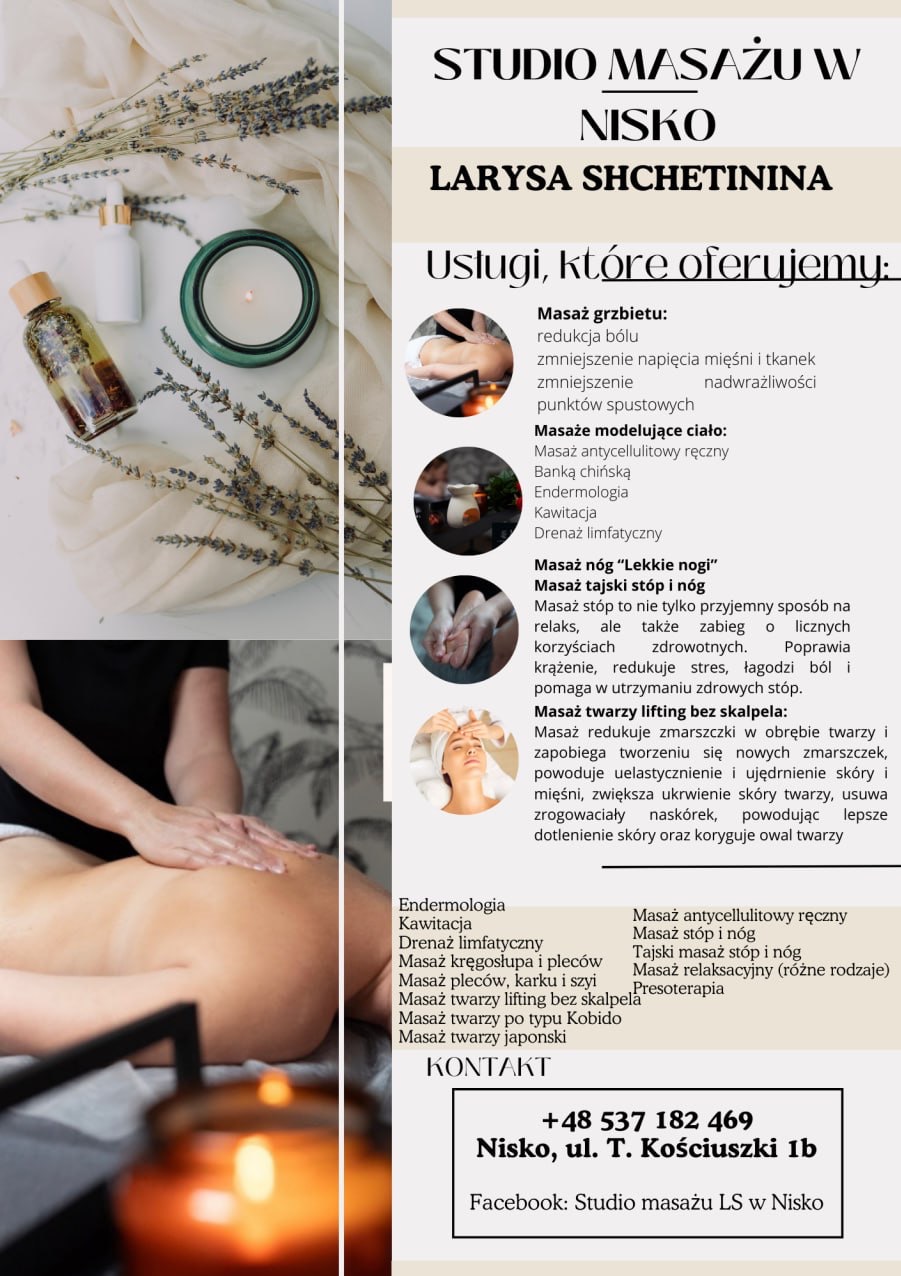 Masaż pleców w studio, z aromatycznymi olejkami i lawendą. Dłonie masażysty w trakcie zabiegu. Oferta studia masażu z Niska.