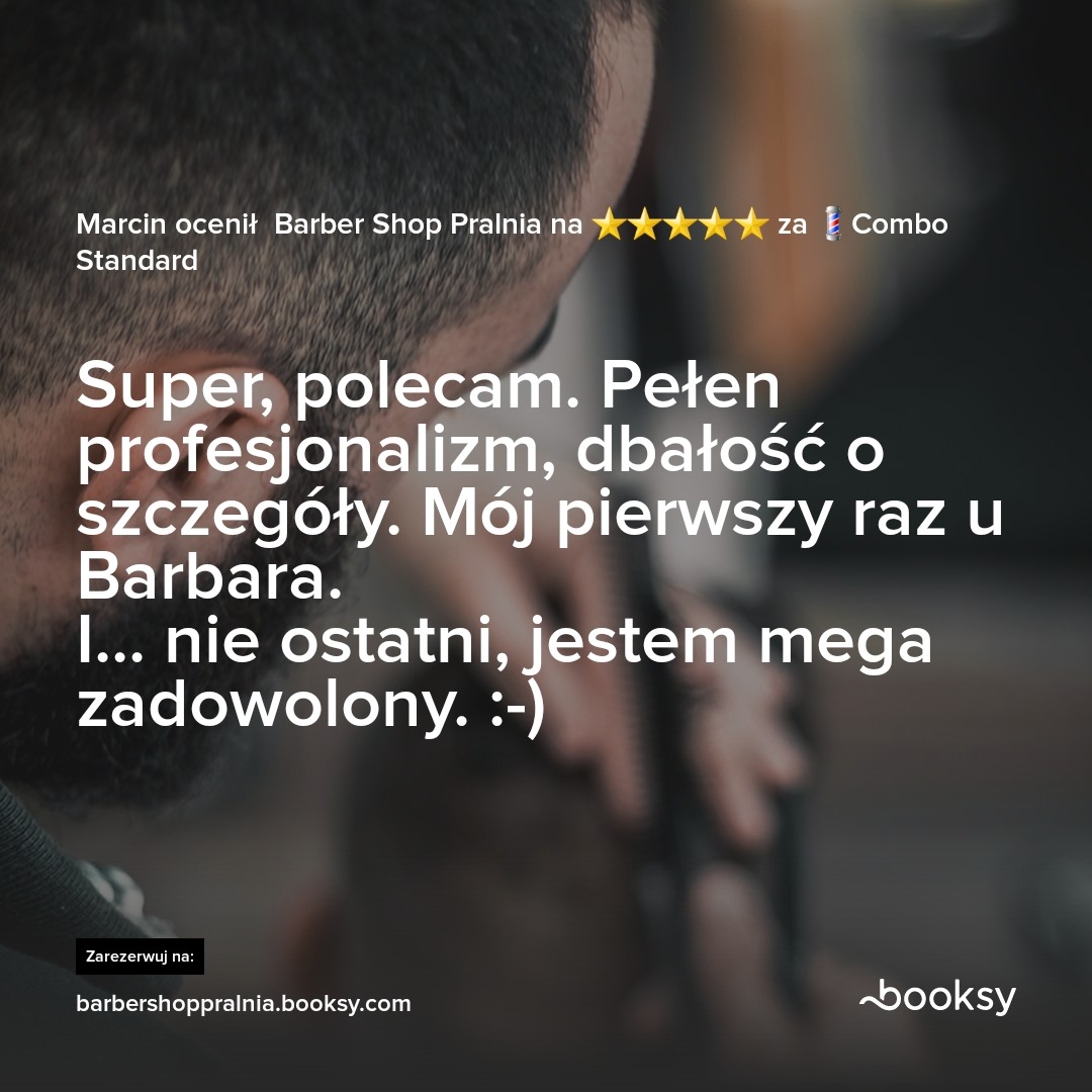 Opinia klienta o Barber Shop Pralnia z oceną pięciu gwiazdek i tekstem rekomendacji na tle zdjęcia z salonu.