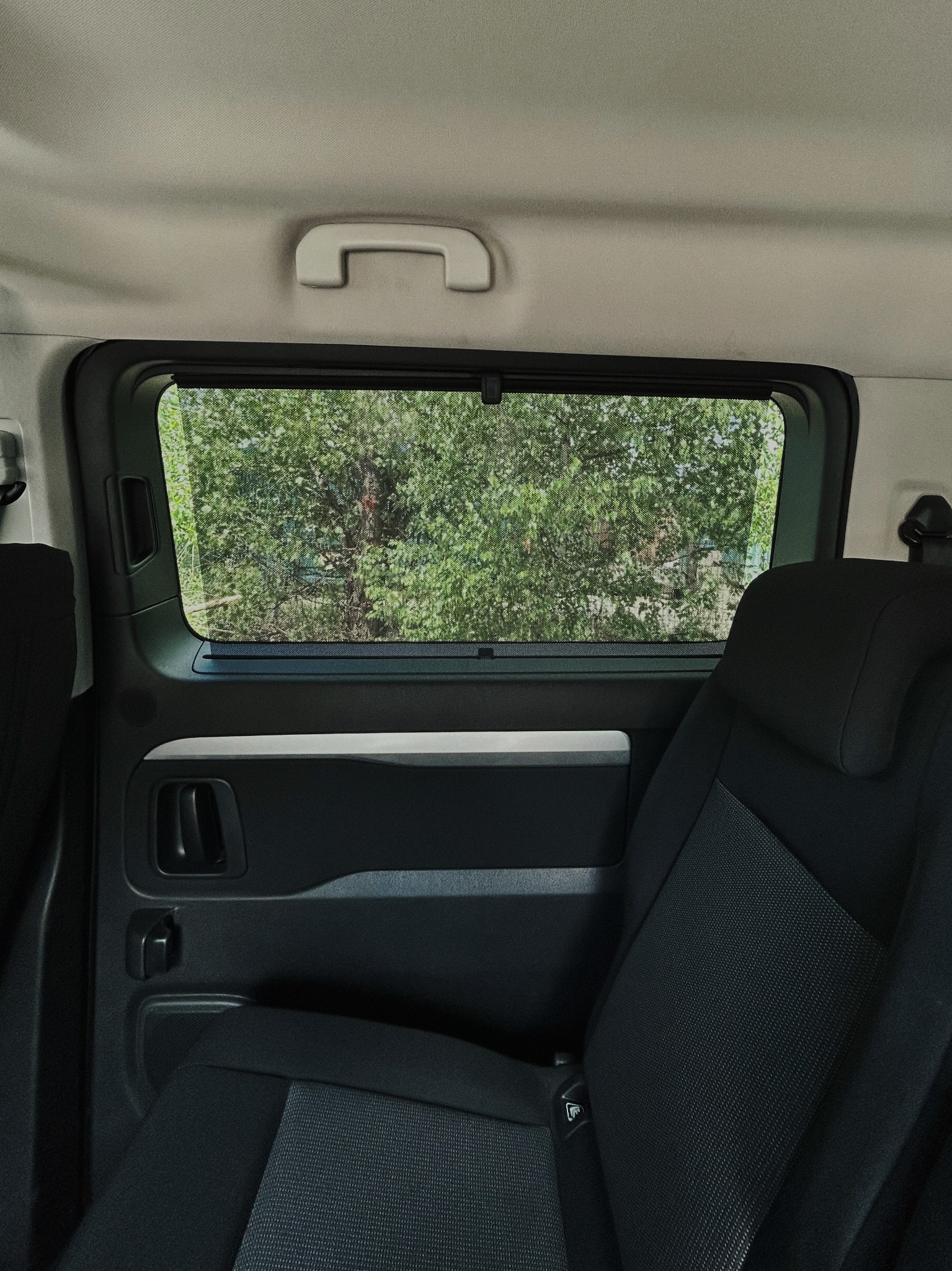 Wnętrze busa pasażerskiego z widokiem na zieleń za oknem przesłoniętym roletą.