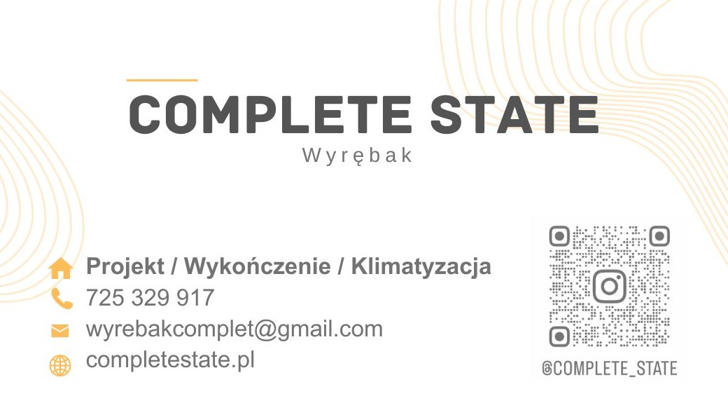 Wizytówka firmy Complete State oferującej projekt, wykończenie i klimatyzację, z danymi kontaktowymi i kodem QR.