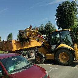 AUTO-ZAMIELA SKP Przemysław Zamiela - Żółta koparko-ładowarka załadowuje ziemię z zielenią do skrzyni ciężarówki; w tle drzewa i czerwony samochód osobowy.